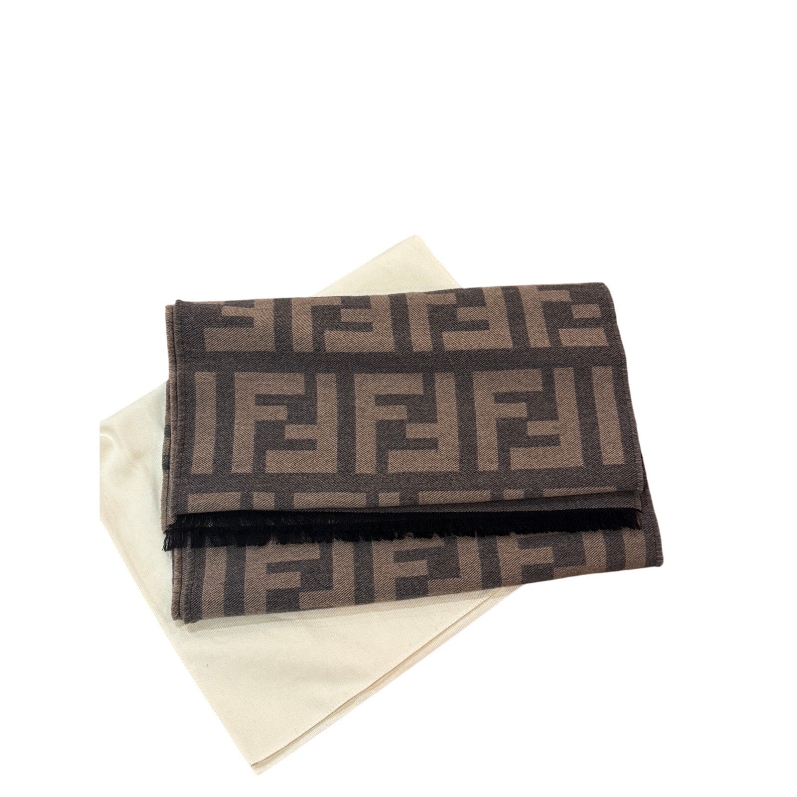 FENDI Gray & Sand Wool Silk FF Motif Scarf NWT Fringe Wrap 180x35cm (71x14in)