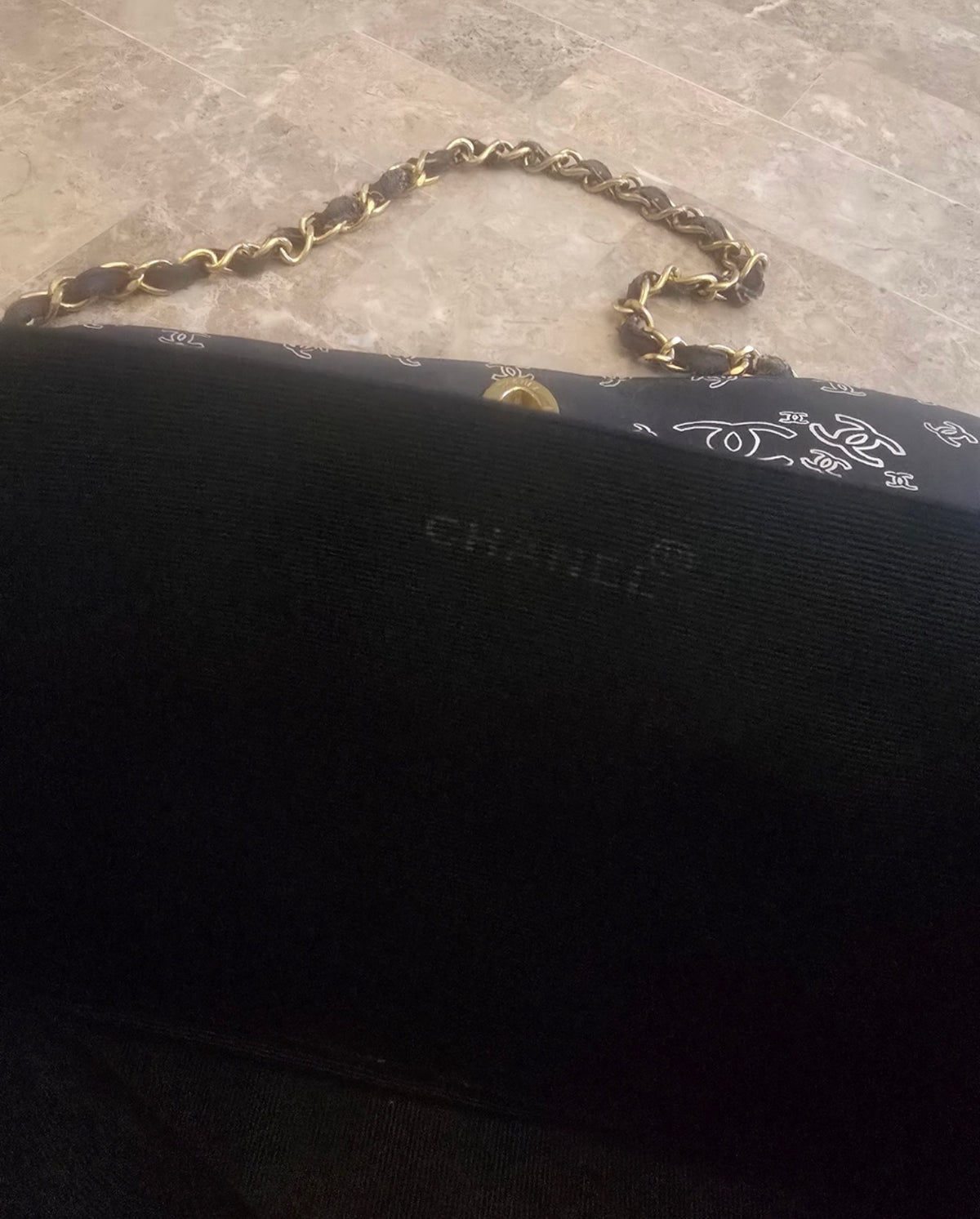 CHANEL 1990s Vintage Bandana Jumbo Flap Bag Black CC Logo 24K Gold Chain Rare