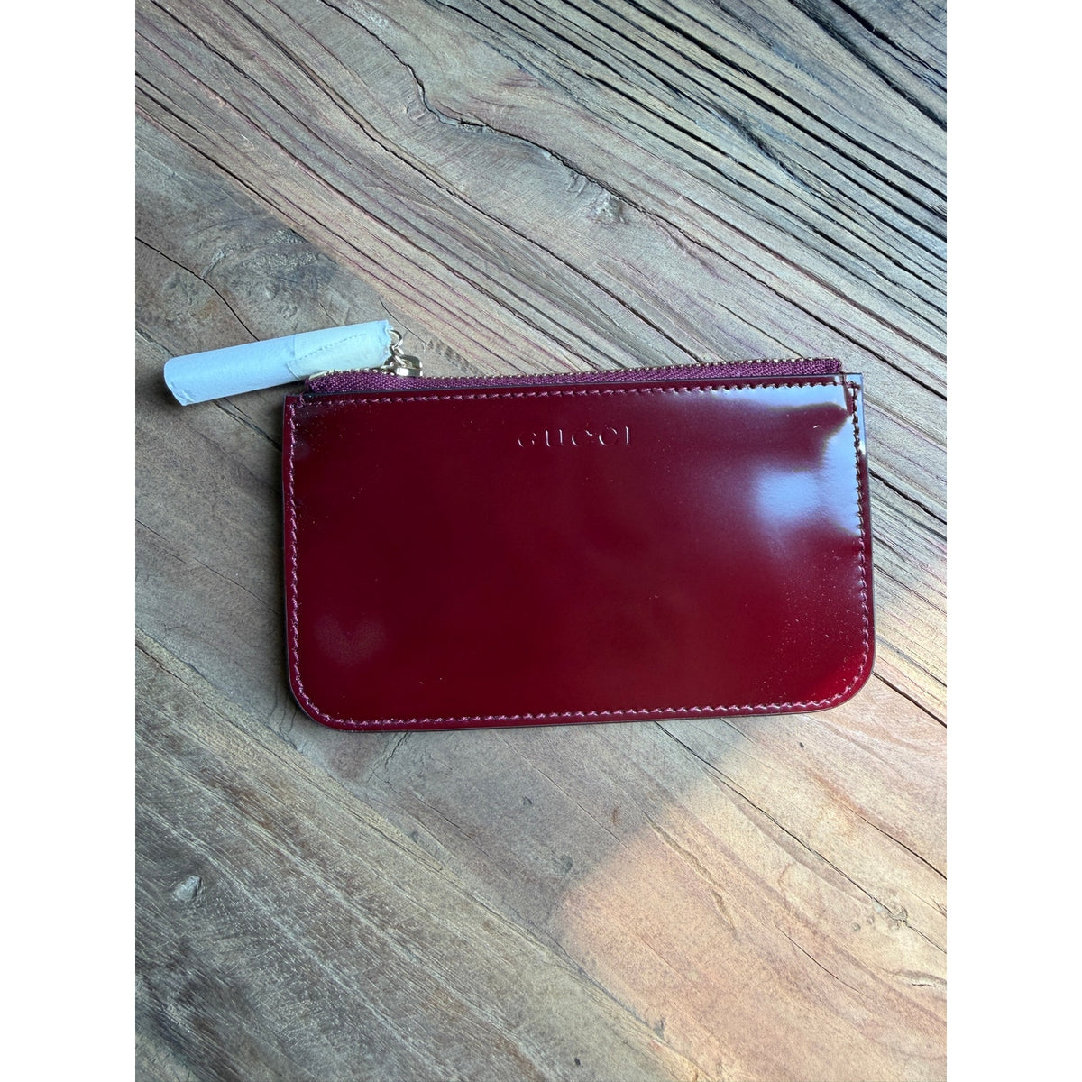 Gucci Rosso Ancora Red Leather Key Pouch Bamboo Zip Card Case NWT Burgundy