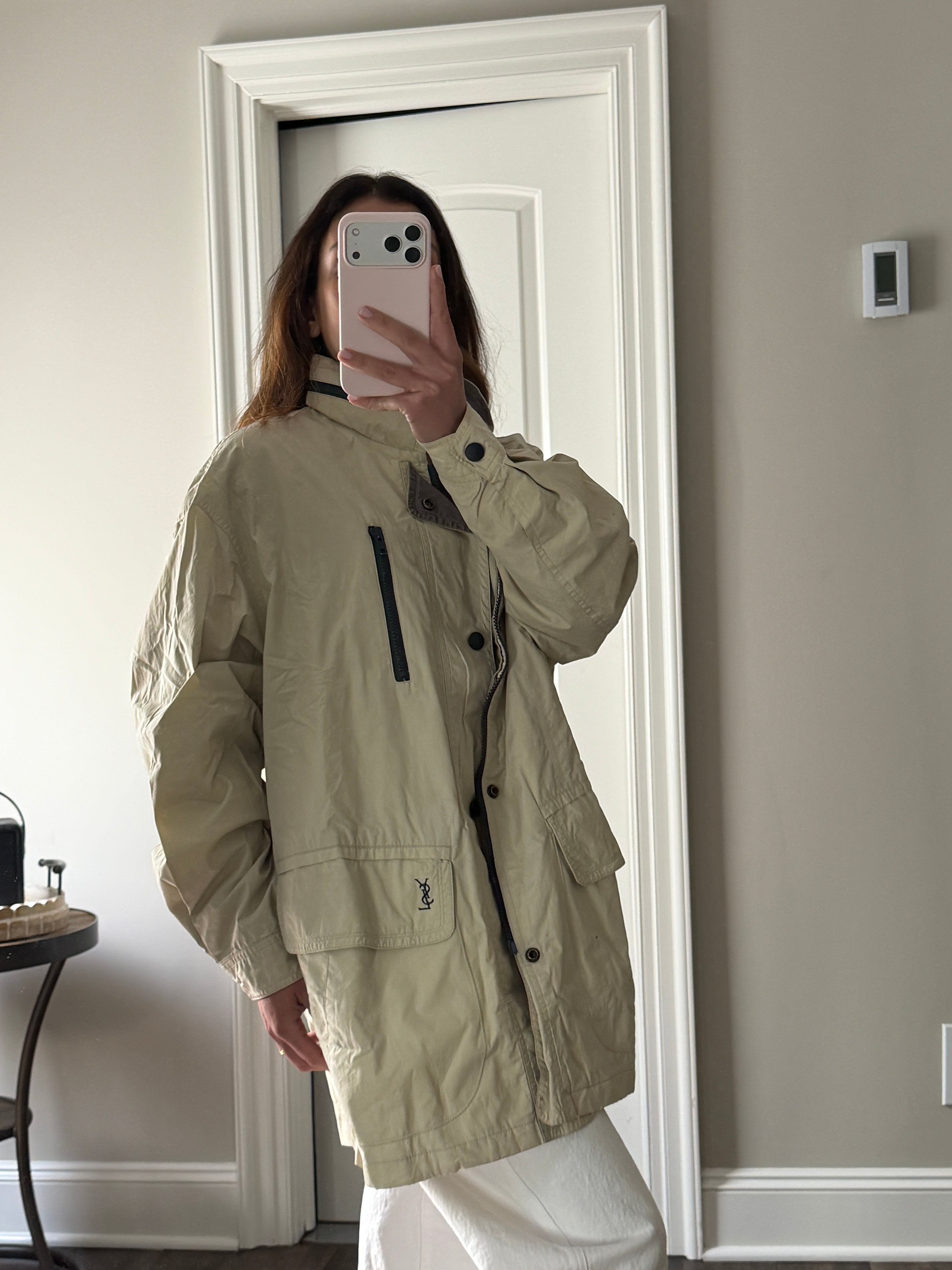 Saint Laurent Khaki YSL Pocket Windbreaker Jacket w/ Hood