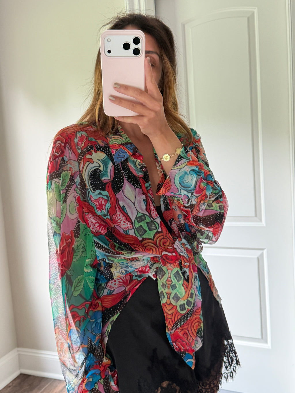 Escada Red Floral Print Button Up Blouse DE40 Long Sleeve Designer Top