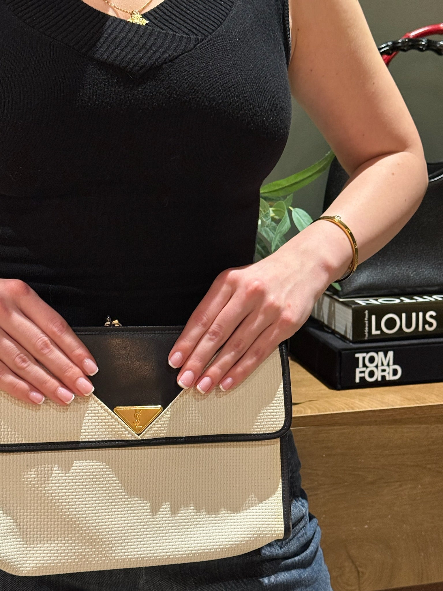 Yves Saint Laurent White & Navy YSL Logo PVC Clutch Bag