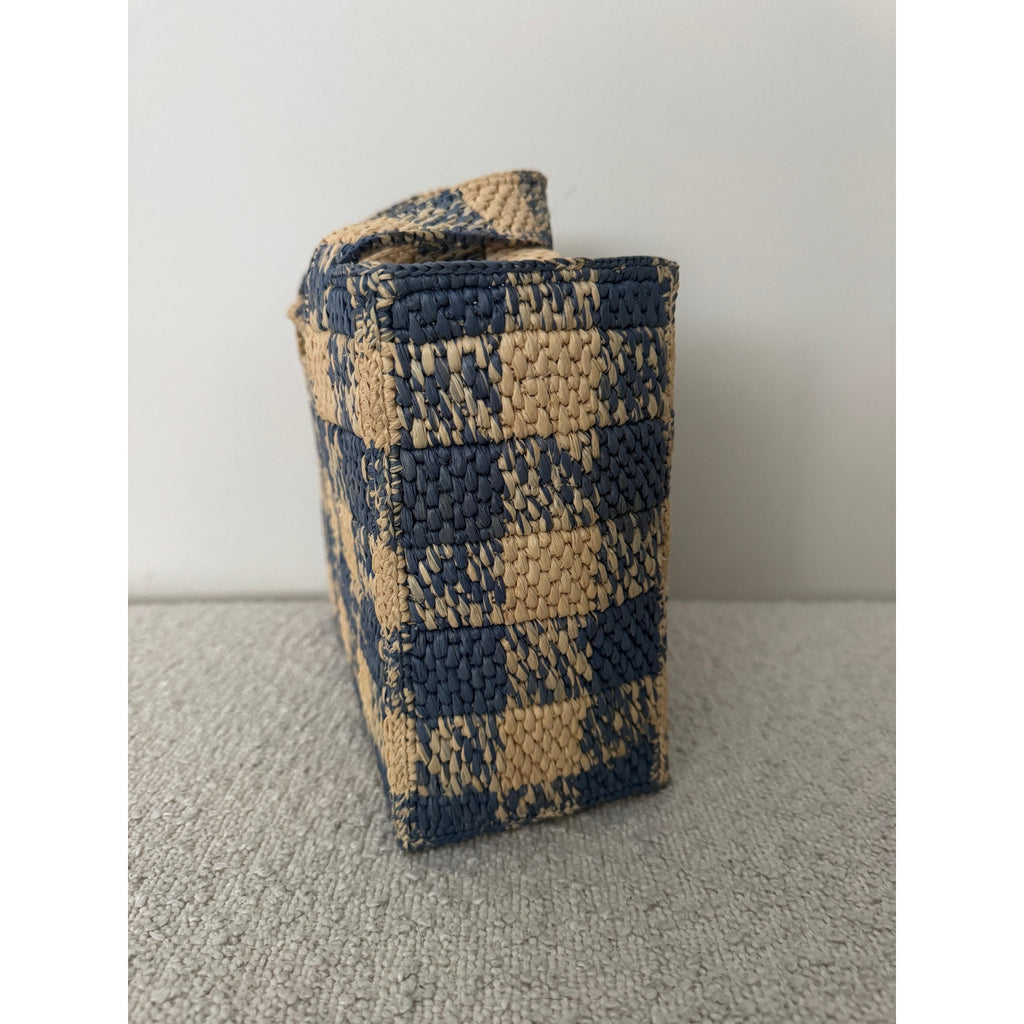 Loewe Paula’s Ibiza Raffia Blue Checked Tote NWT Embroidered Logo