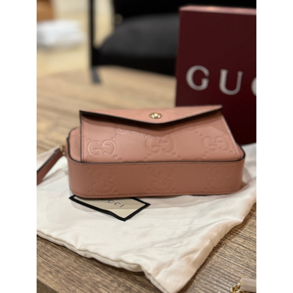 Gucci GG Super Mini Shoulder Bag Pink Leather with Chain Strap Brand BNIB