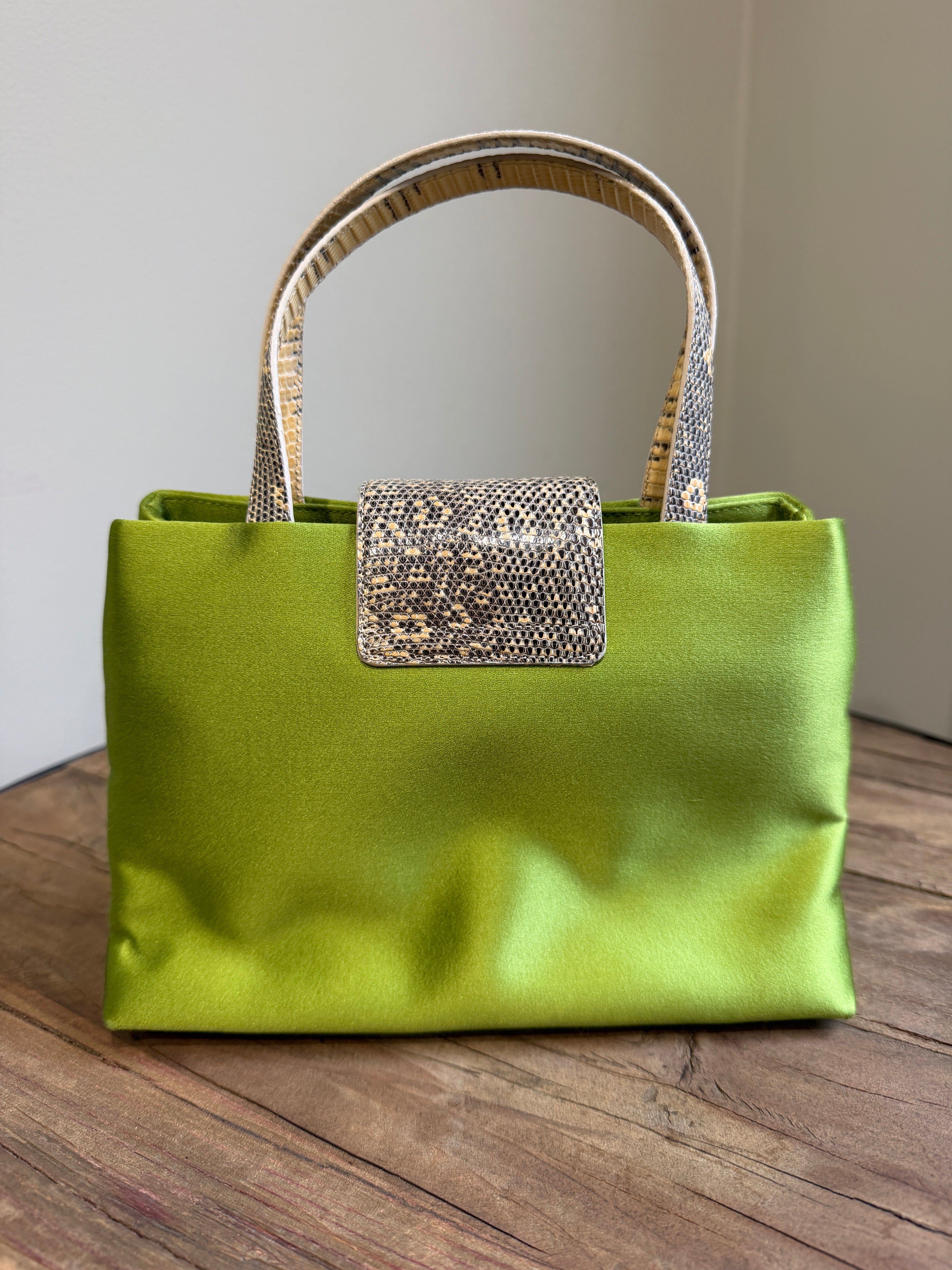 Bvlgari Vintage Pammee Bag Chartreuse Acid Green Satin Vanilla Lizard Leather Rare Y2K