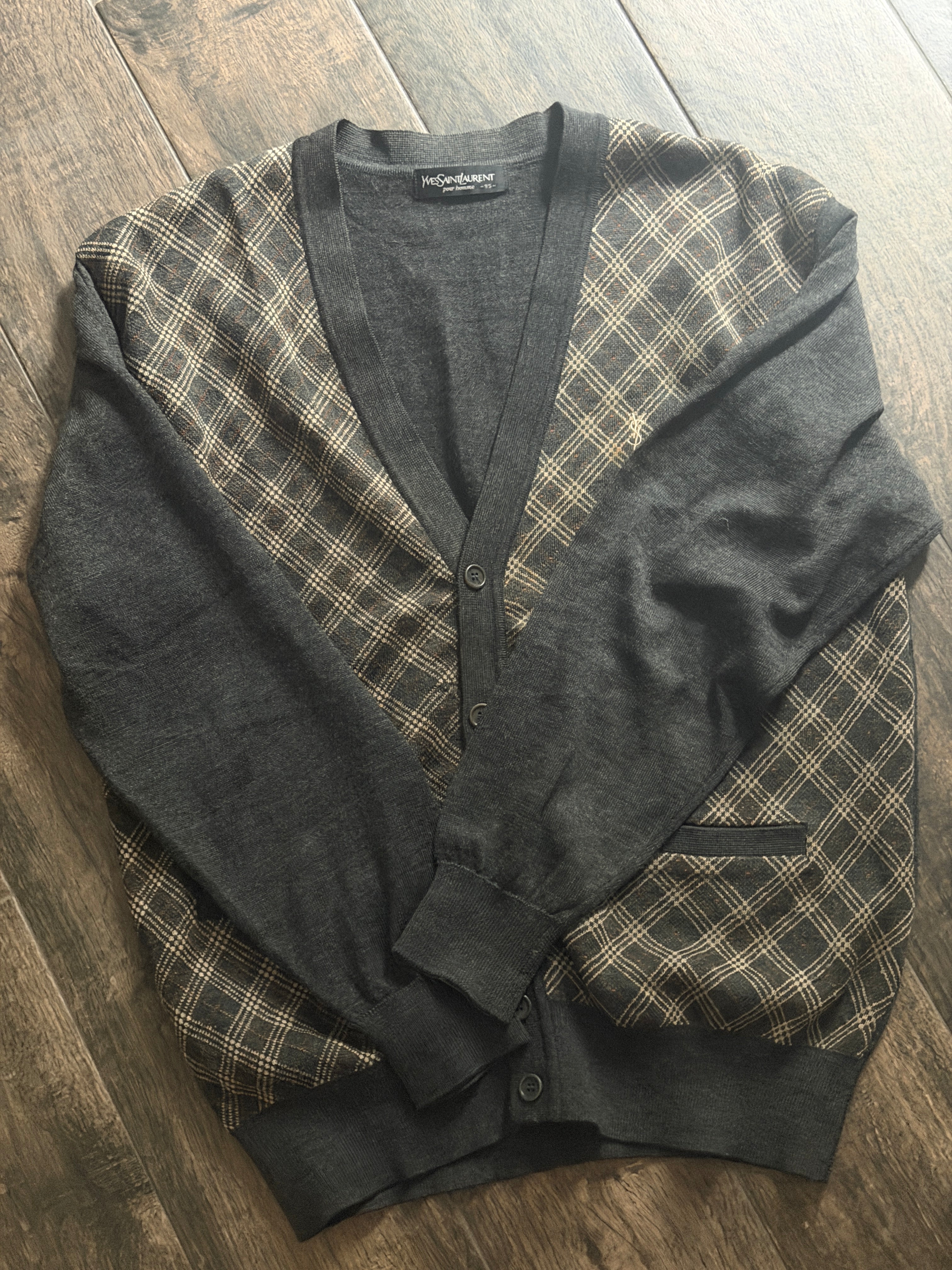 Yves Saint Laurent YSL Argyle Knit Cardigan Sweater Size 95 Black Brown Wool Blend