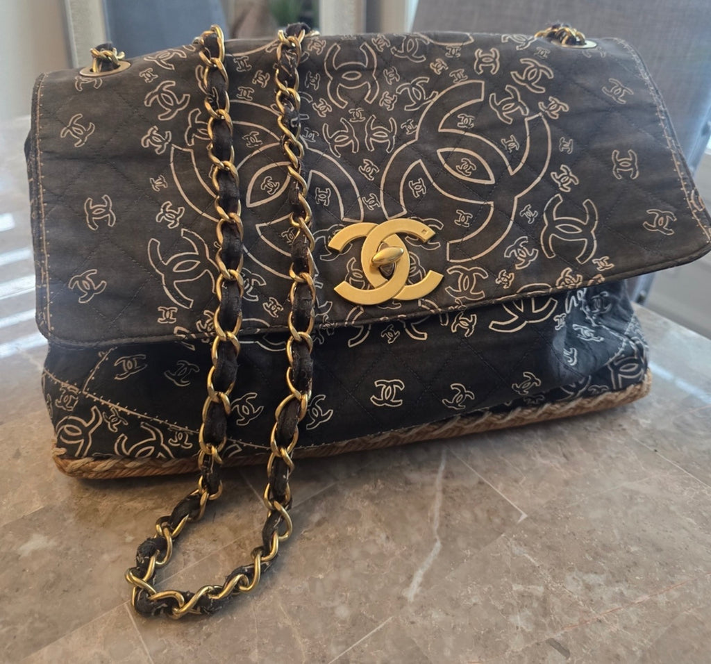 CHANEL 1990s Vintage Bandana Jumbo Flap Bag Black CC Logo 24K Gold Chain Rare