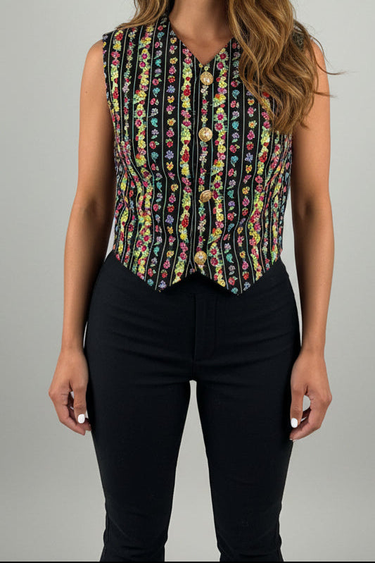 Gianni Versace Vintage 1994 Floral Pinstripe Silk Crop Vest Top | Size S