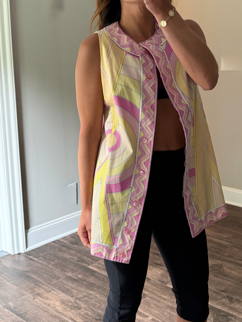 Emilio Pucci Cotton Poplin Sleeveless Tunic Top Pink Yellow Geometric Print Saks Fifth Avenue