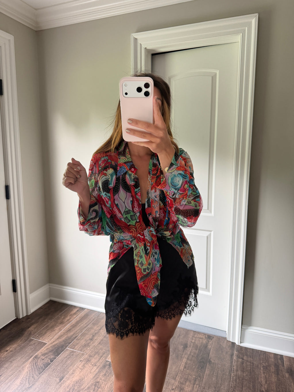 Escada Red Floral Print Button Up Blouse DE40 Long Sleeve Designer Top
