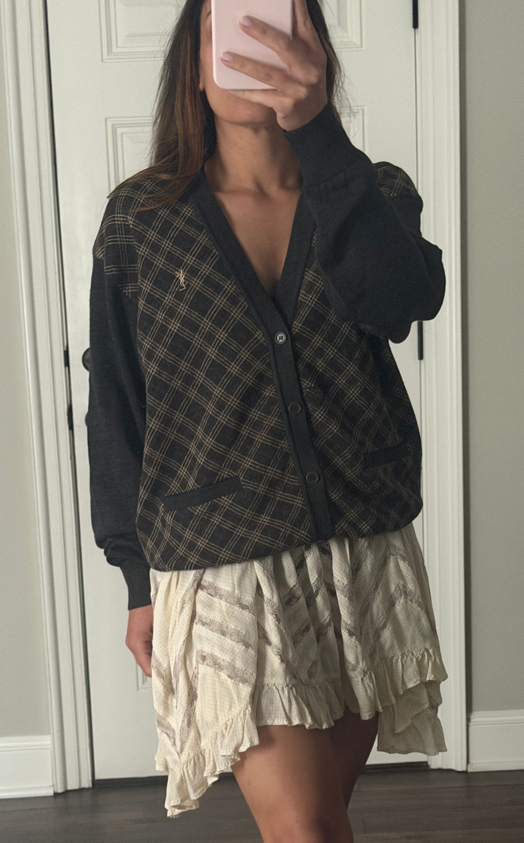 Yves Saint Laurent YSL Argyle Knit Cardigan Sweater Size 95 Black Brown Wool Blend
