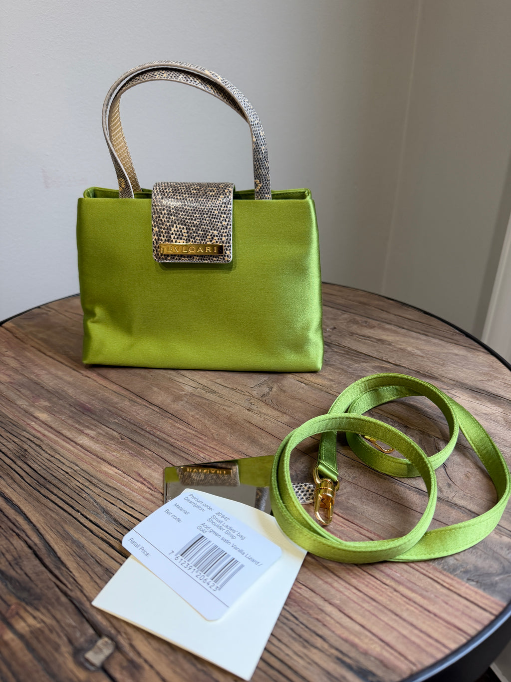 Bvlgari Vintage Pammee Bag Chartreuse Acid Green Satin Vanilla Lizard Leather Rare Y2K