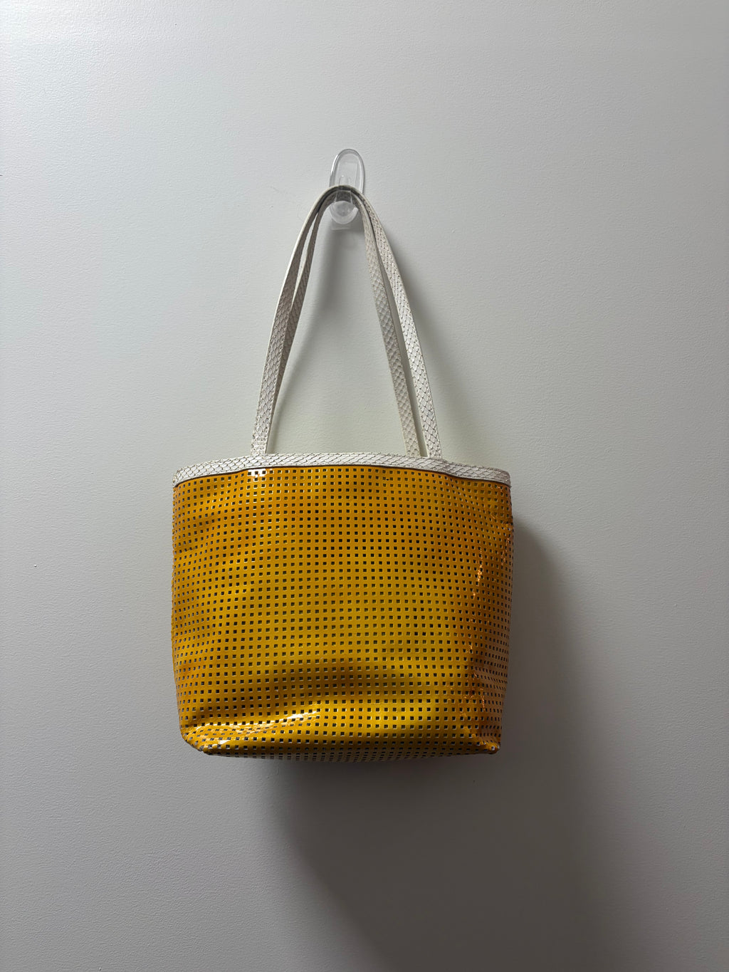 Fendi Yellow Perforated Metallic Leather Mini Tote Bag White Trim FF Logo