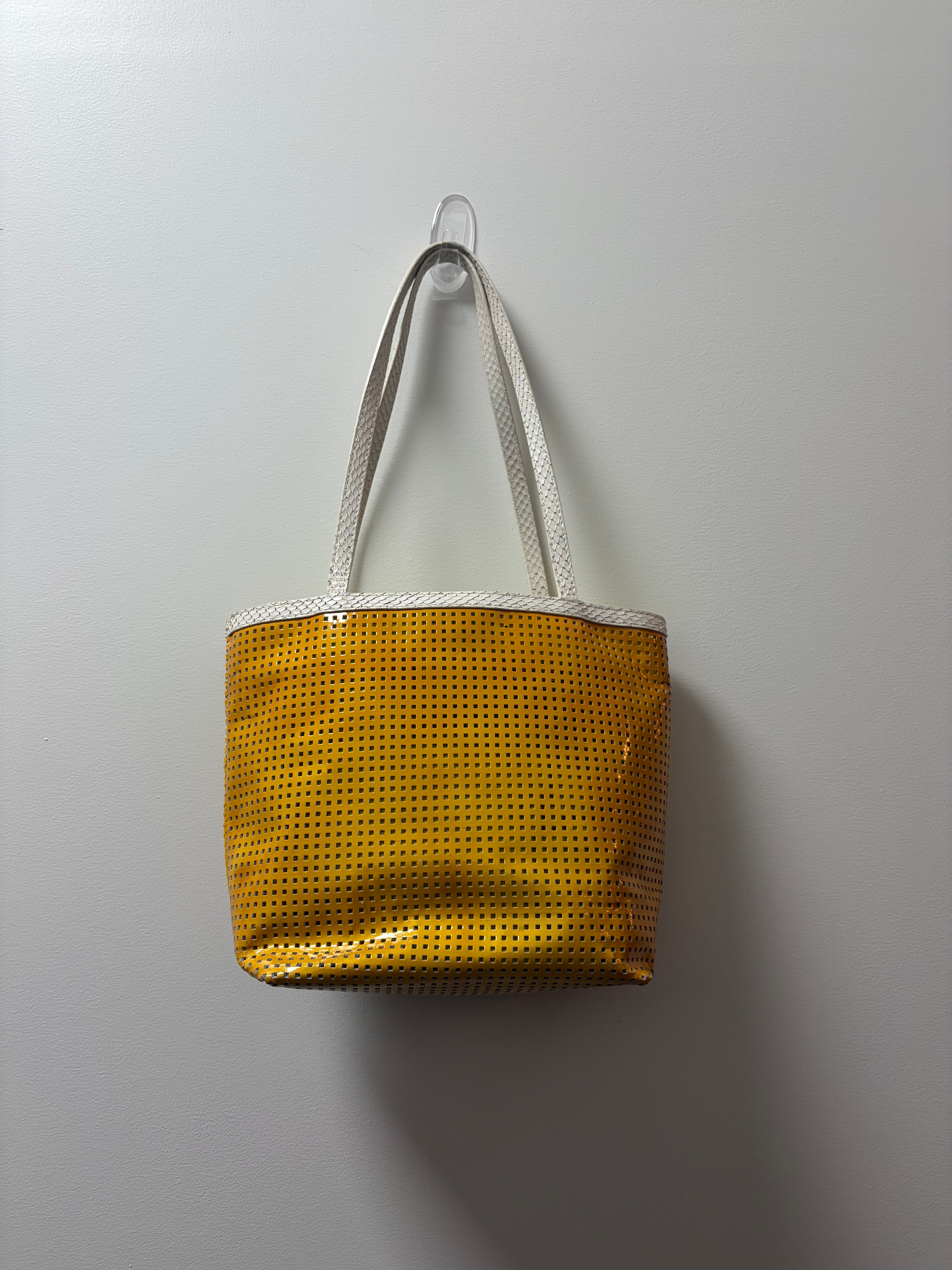 Fendi Yellow Perforated Metallic Leather Mini Tote Bag White Trim FF Logo