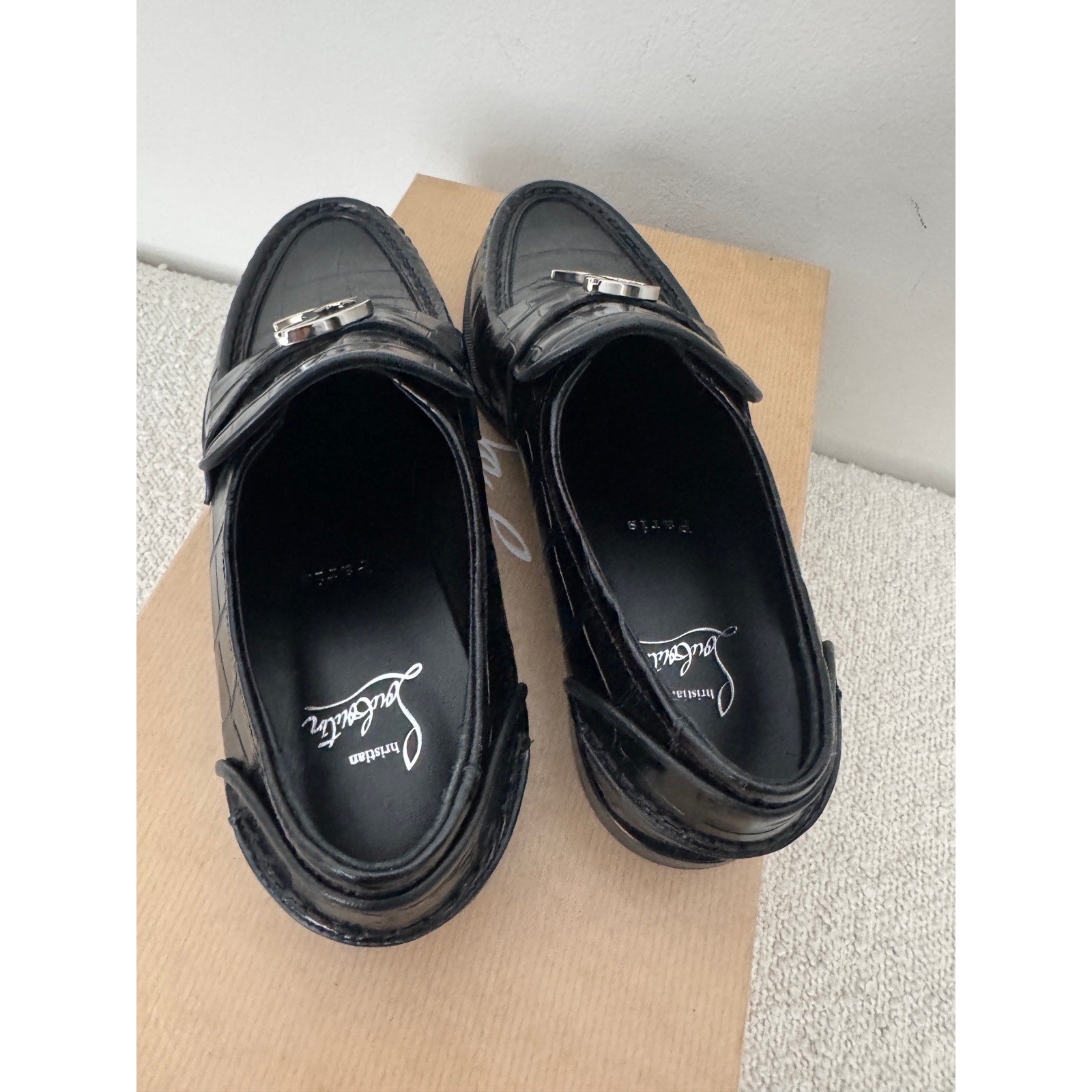 CHRISTIAN LOUBOUTIN CL Moc flat embossed black leather loafers size 38 BNIB