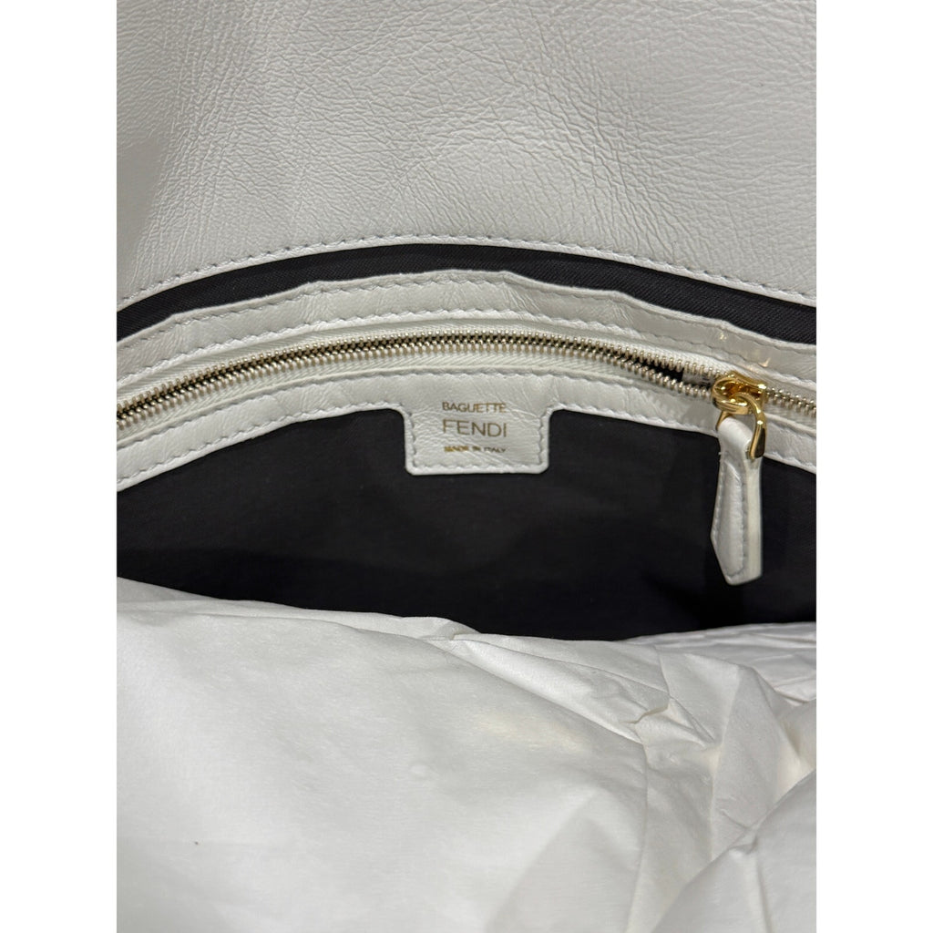 Fendi  Nappa FF 1974 Embossed Large Baguette White NWT