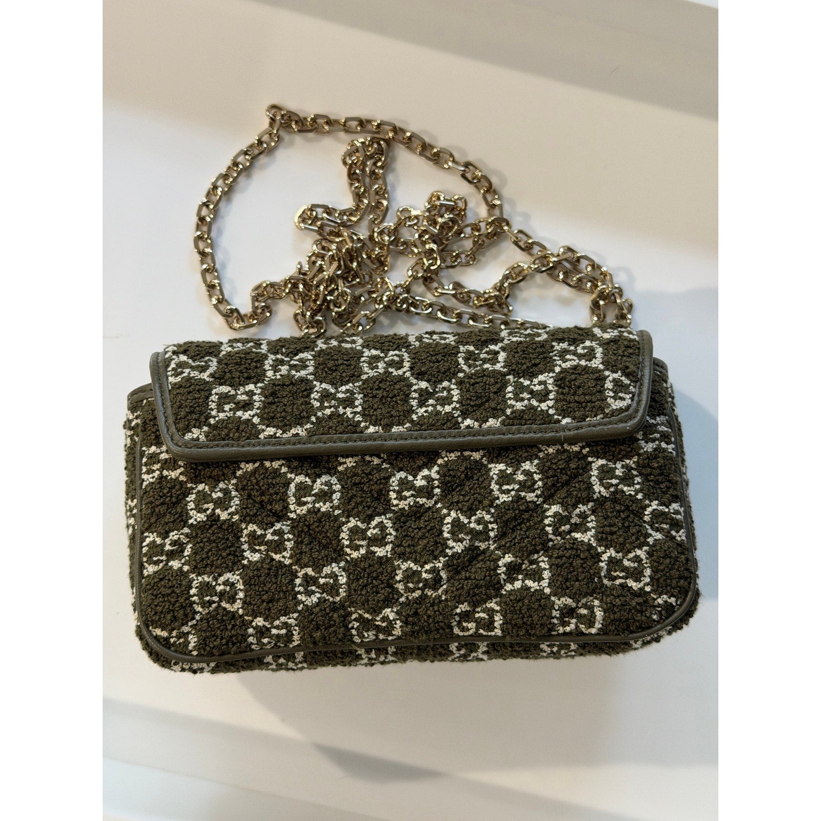 Gucci GG Marmont Bouclé Tweed Mini Flap Shoulder Bag Green Brand New in box