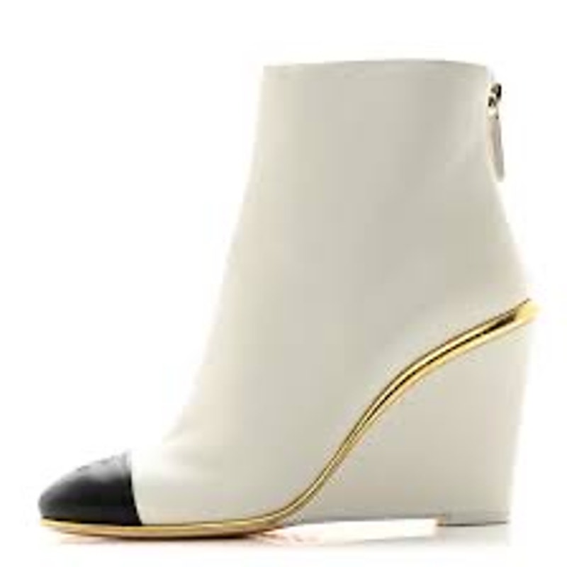 CHANEL Lambskin Cap Toe Wedge Boots White Black Size 38.5