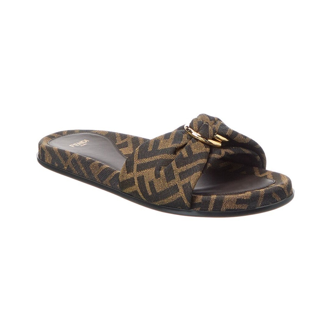 Fendi Feel Knotted Slide Sandals Brown FF Logo Satin Slides Size 37 Brand New in Box