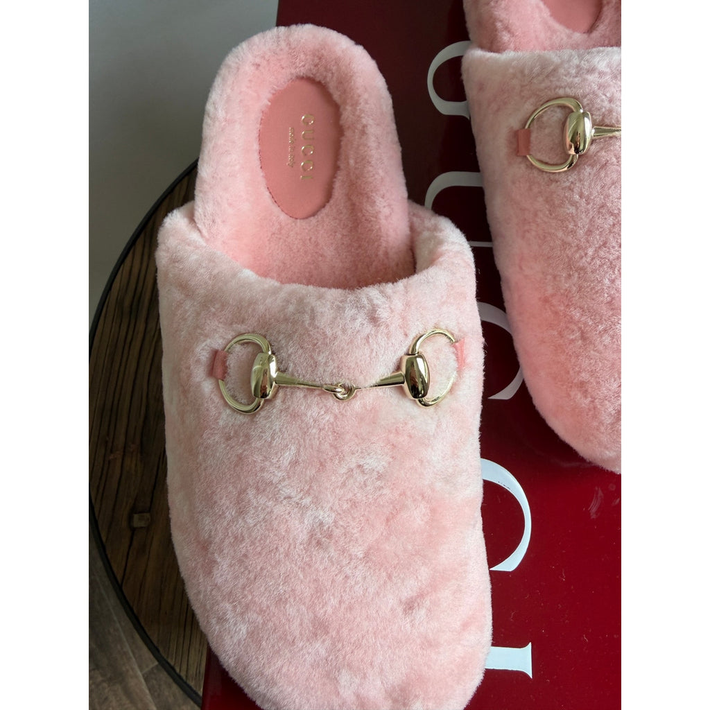 Gucci Horsebit Merino Wool Pink Mules Flat Slides Women’s Shoes Size 38