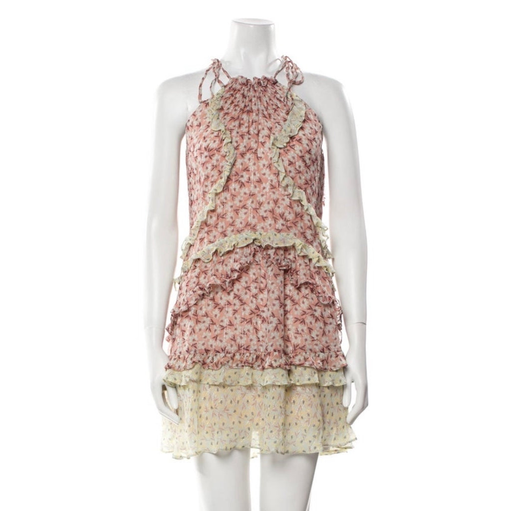 Rebecca Taylor Metallic Silk Halter Mini Dress XS Pink Ruffle Tent Dress NWT