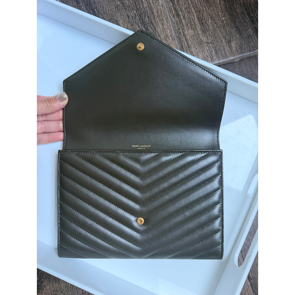 Saint Laurent Cassandre Chevron Flap Pouch Clutch Dark Musk NWT