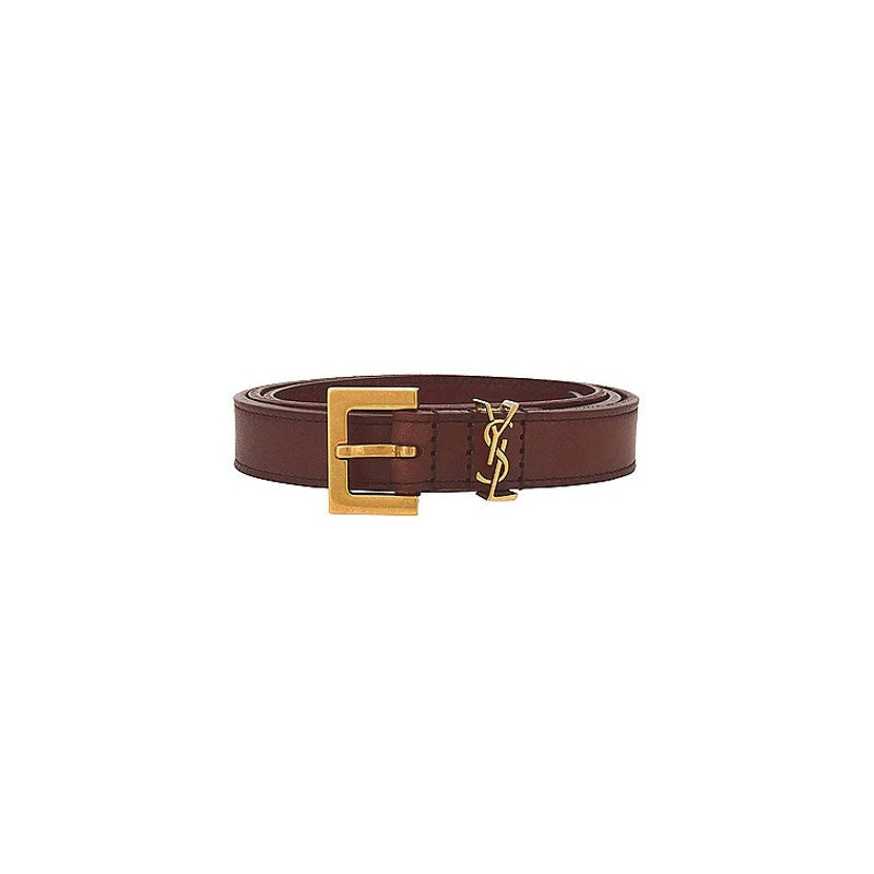 Saint Laurent Cassandre YSL Leather Belt Brown Gold Tone Logo Size 80 Brand NWT