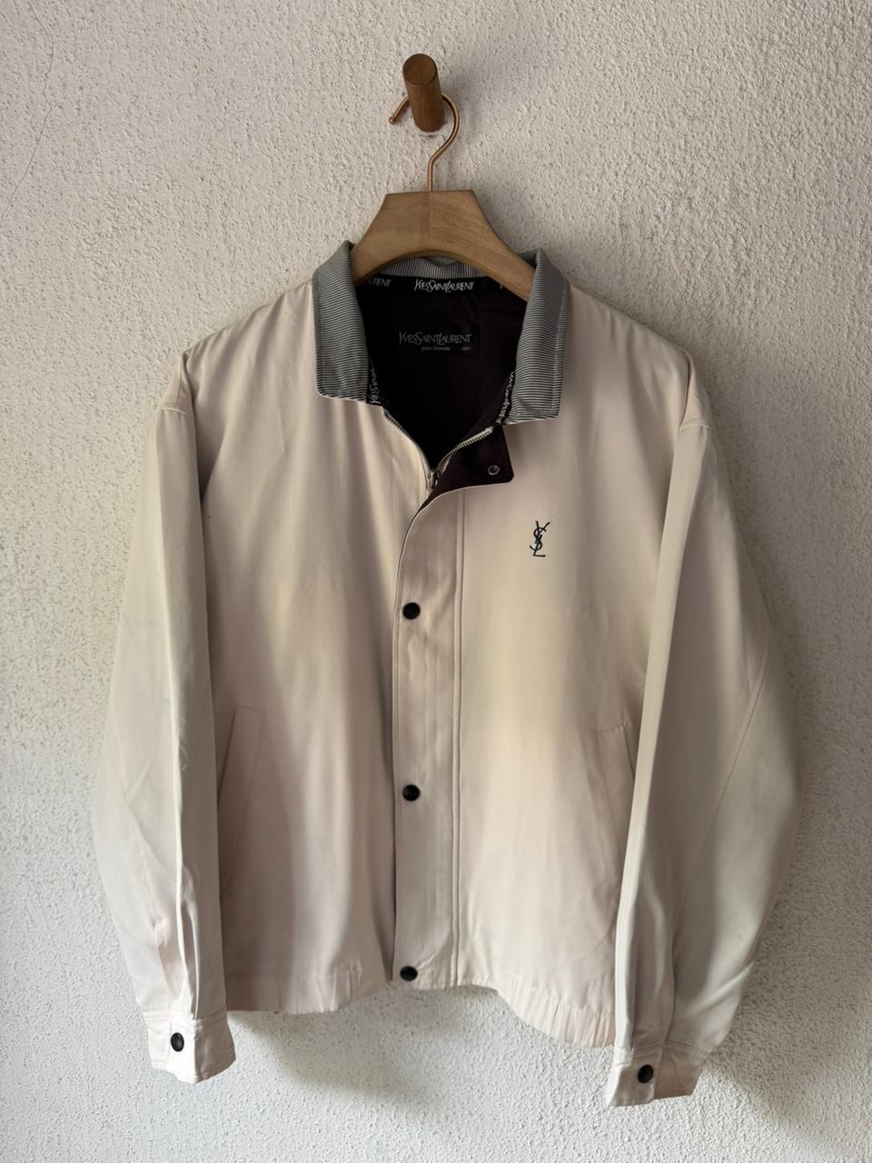 Yves Saint Laurent YSL Logo Harrington Jacket Cream Ivory Zip Front Bomber