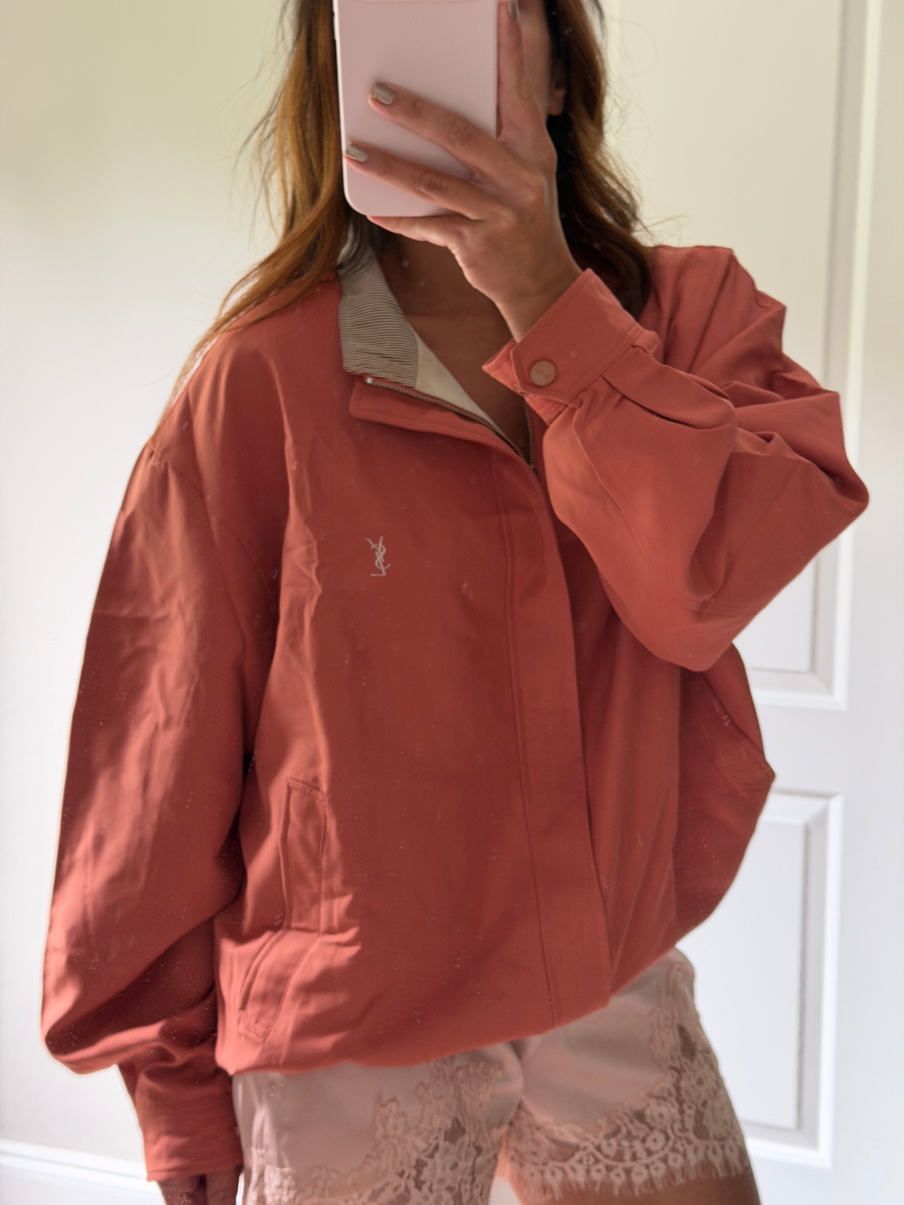 Yves Saint Laurent Vintage 90s Salmon Coral YSL Logo Windbreaker Jacket White Logo Size 105 Oversized