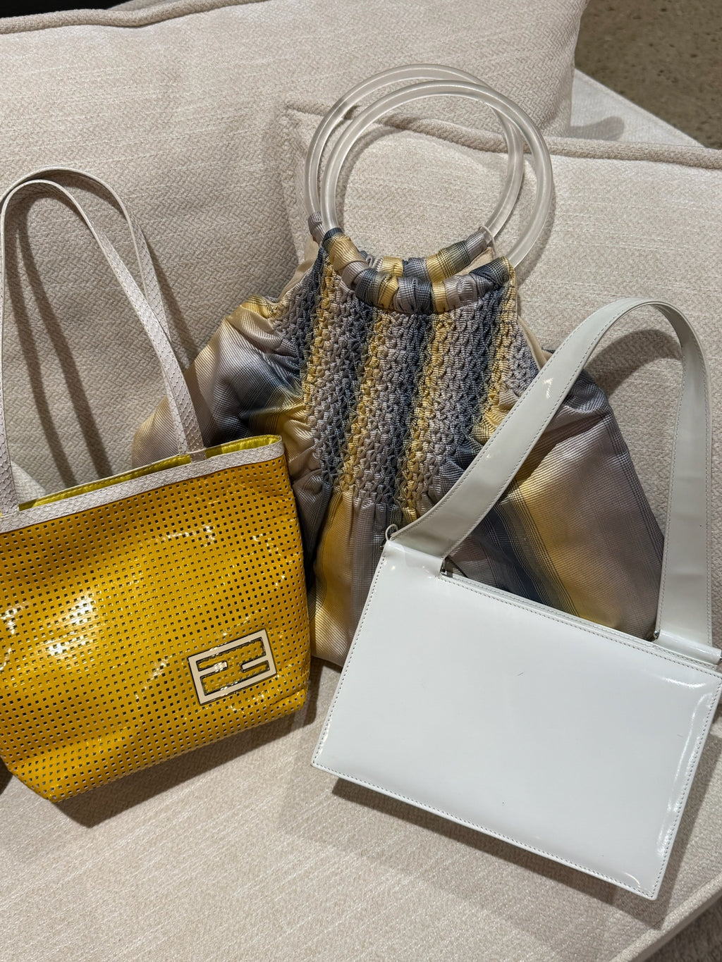 Fendi Yellow Perforated Metallic Leather Mini Tote Bag White Trim FF Logo