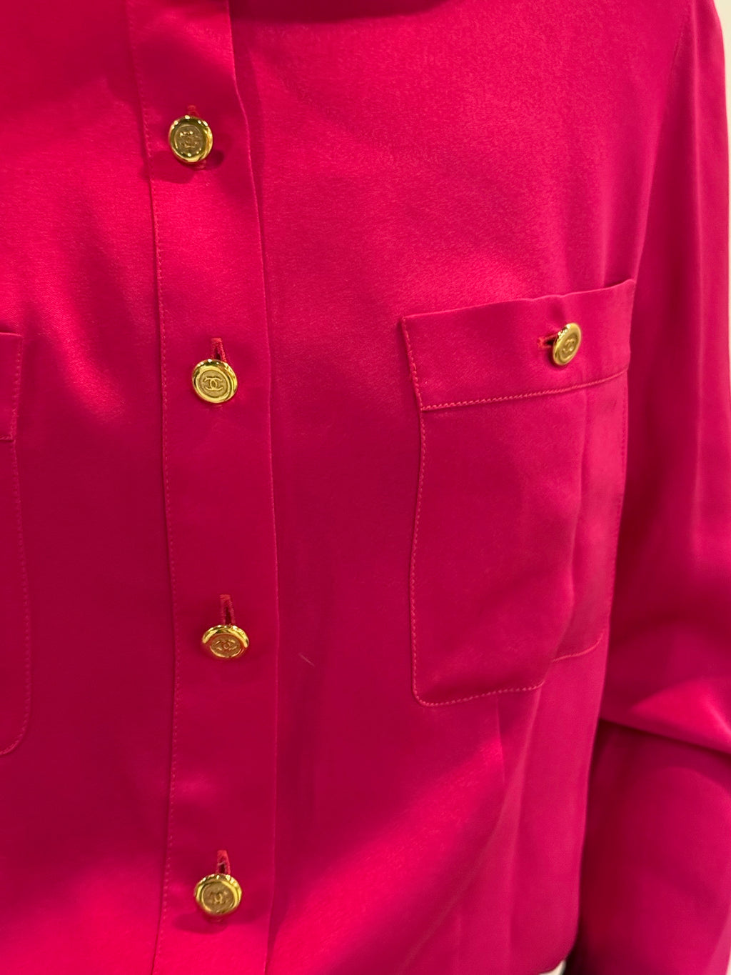 Chanel 1991 Pink Silk Button-Up Blouse Gold CC Logo Buttons FR36
