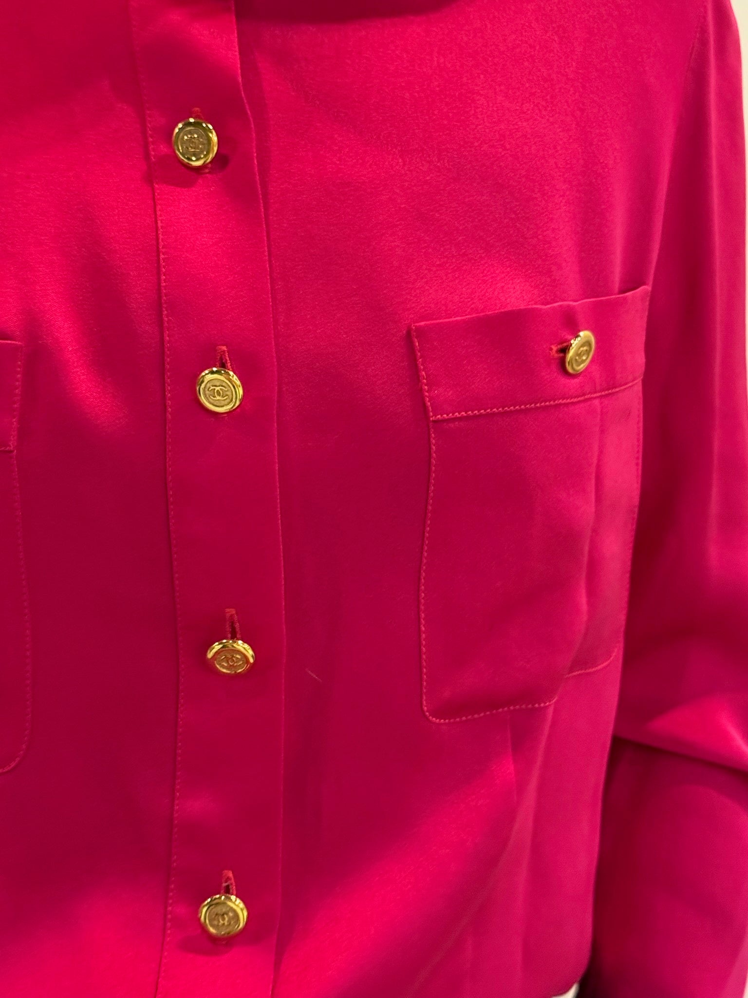 Chanel 1991 Pink Silk Button-Up Blouse Gold CC Logo Buttons FR36