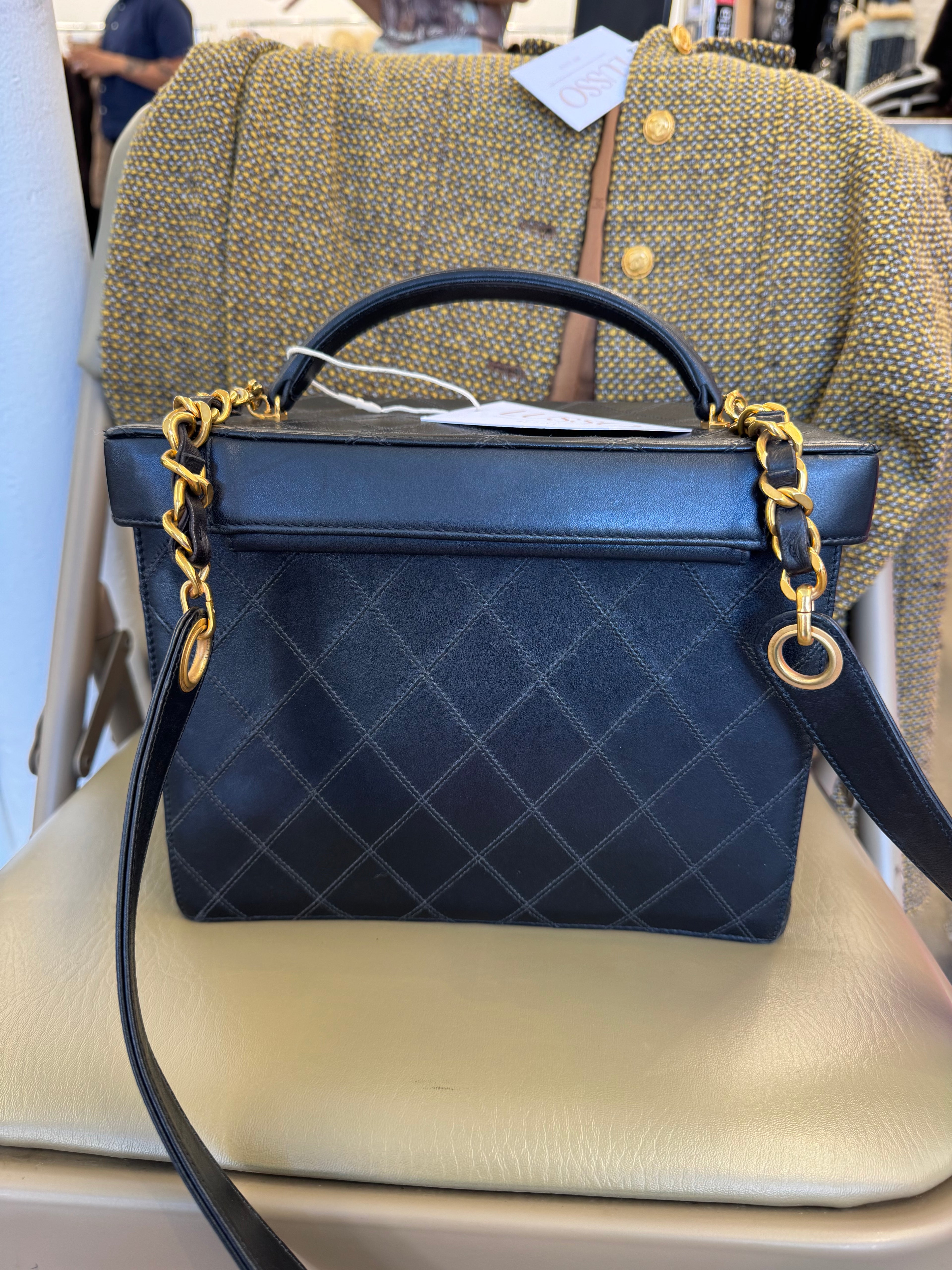 Chanel 90’s Black Lambskin Square Camera Vanity Bag with Strap