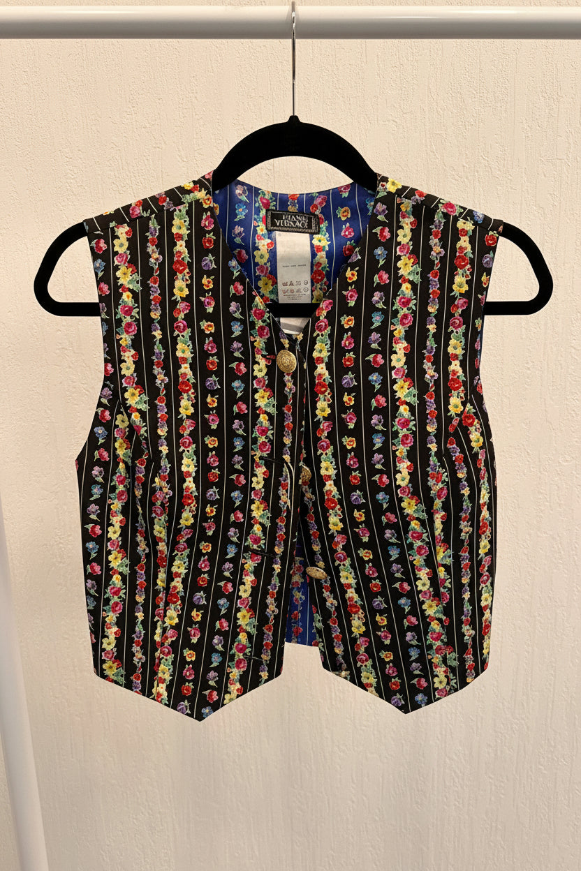Gianni Versace Vintage 1994 Floral Pinstripe Silk Crop Vest Top | Size S