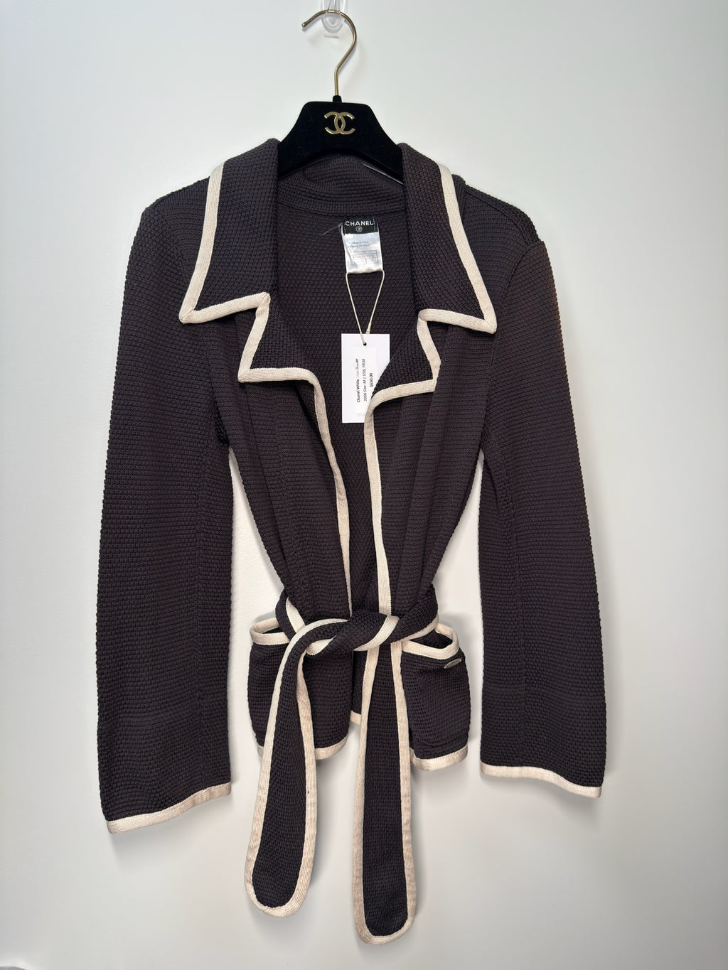 Chanel 2006 Silk Belted Jacket Black Shawl Collar FR38
