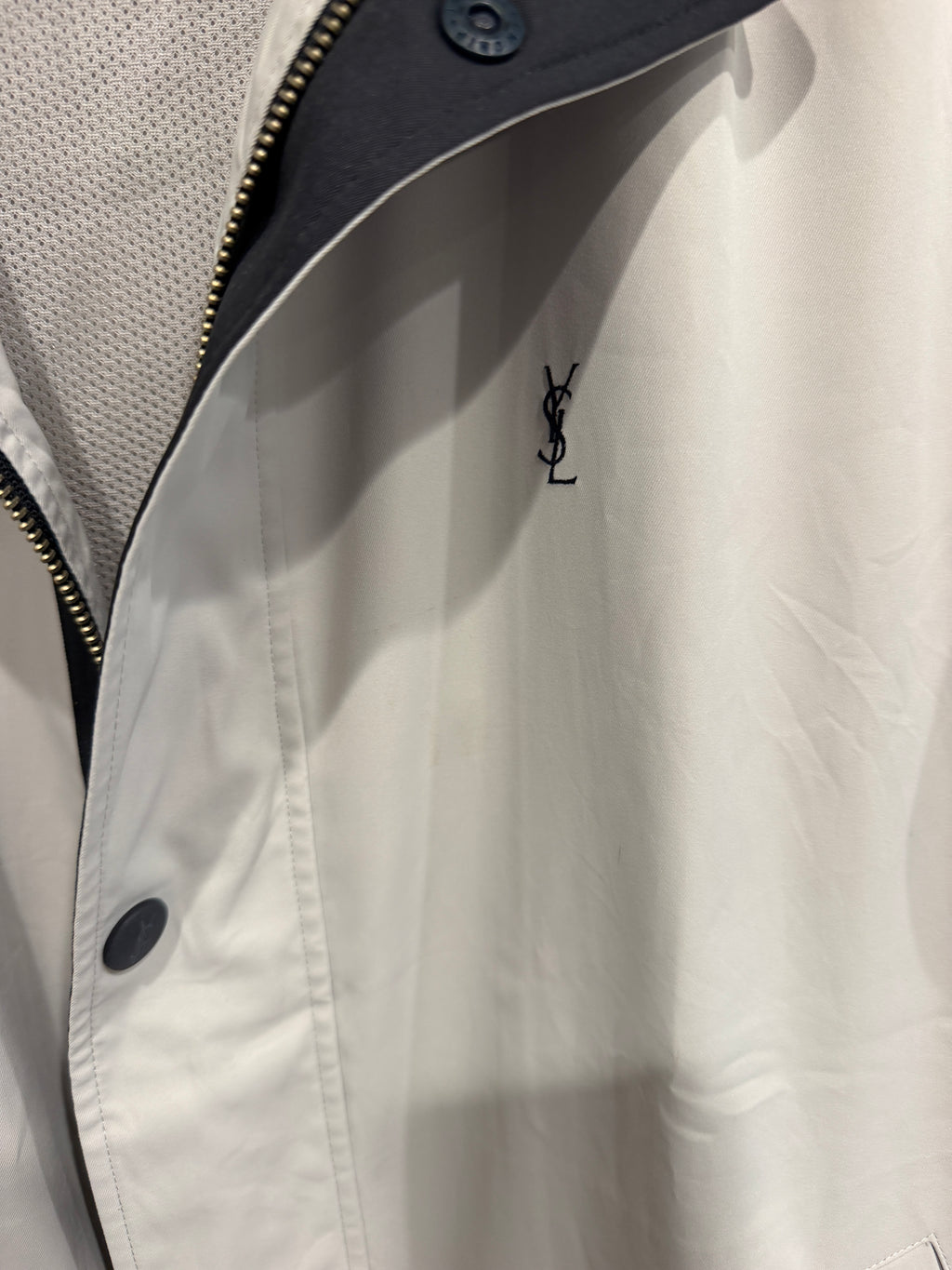 Yves Saint Laurent Vintage YSL Light Grey Windbreaker Bomber Jacket Cinch Hem