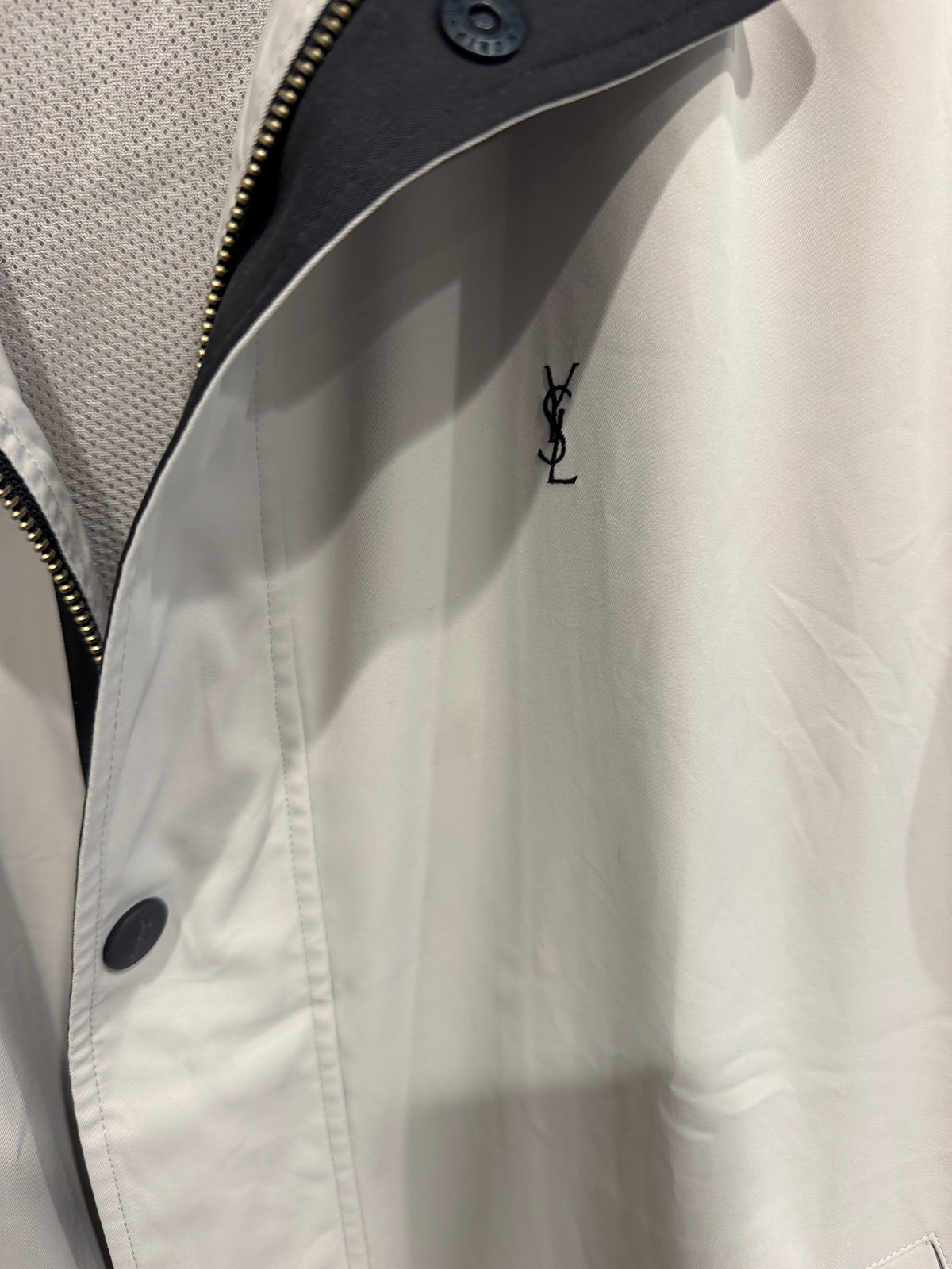 Yves Saint Laurent Vintage YSL Light Grey Windbreaker Bomber Jacket Cinch Hem