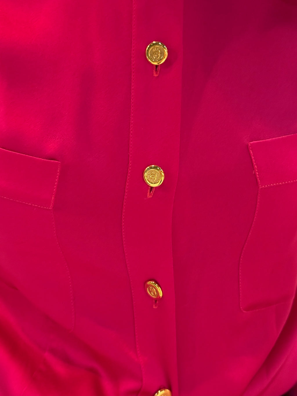 Chanel 1991 Pink Silk Button-Up Blouse Gold CC Logo Buttons FR36