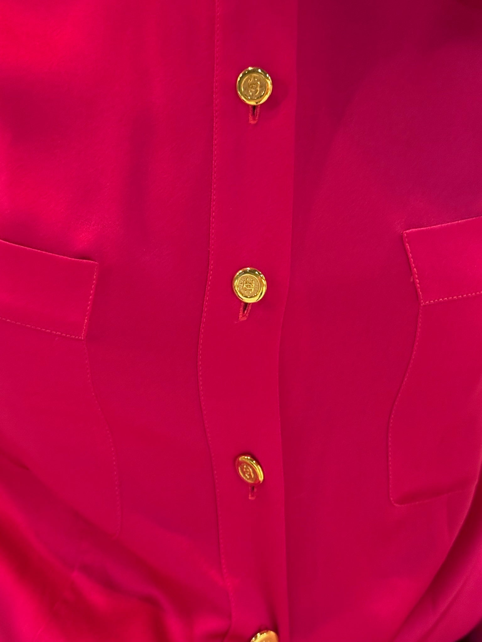 Chanel 1991 Pink Silk Button-Up Blouse Gold CC Logo Buttons FR36