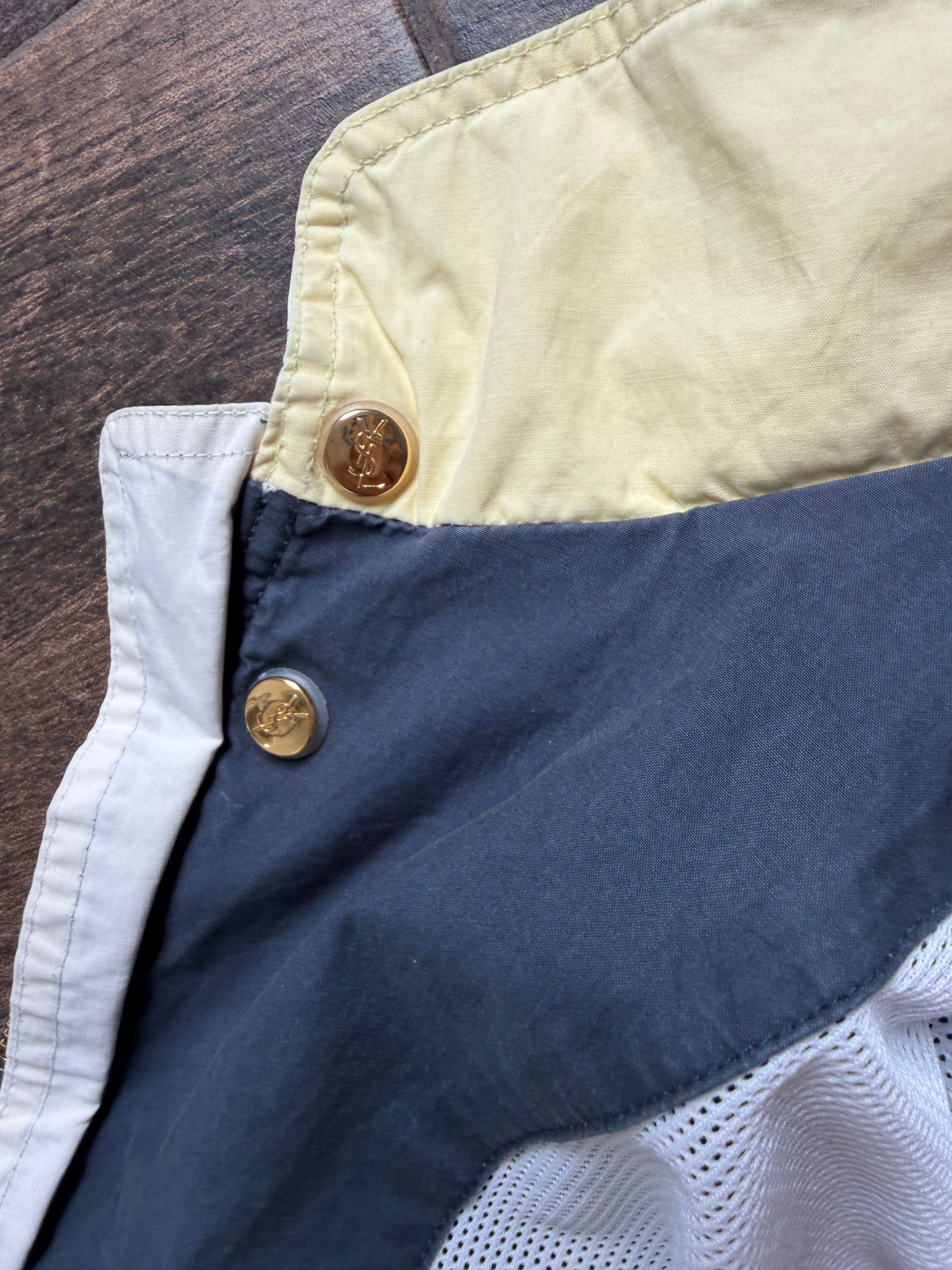 Yves Saint Laurent Vintage 90s Chino Blue YSL Logo Utility Windbreaker Jacket Gold Hardware Size 100 Oversized