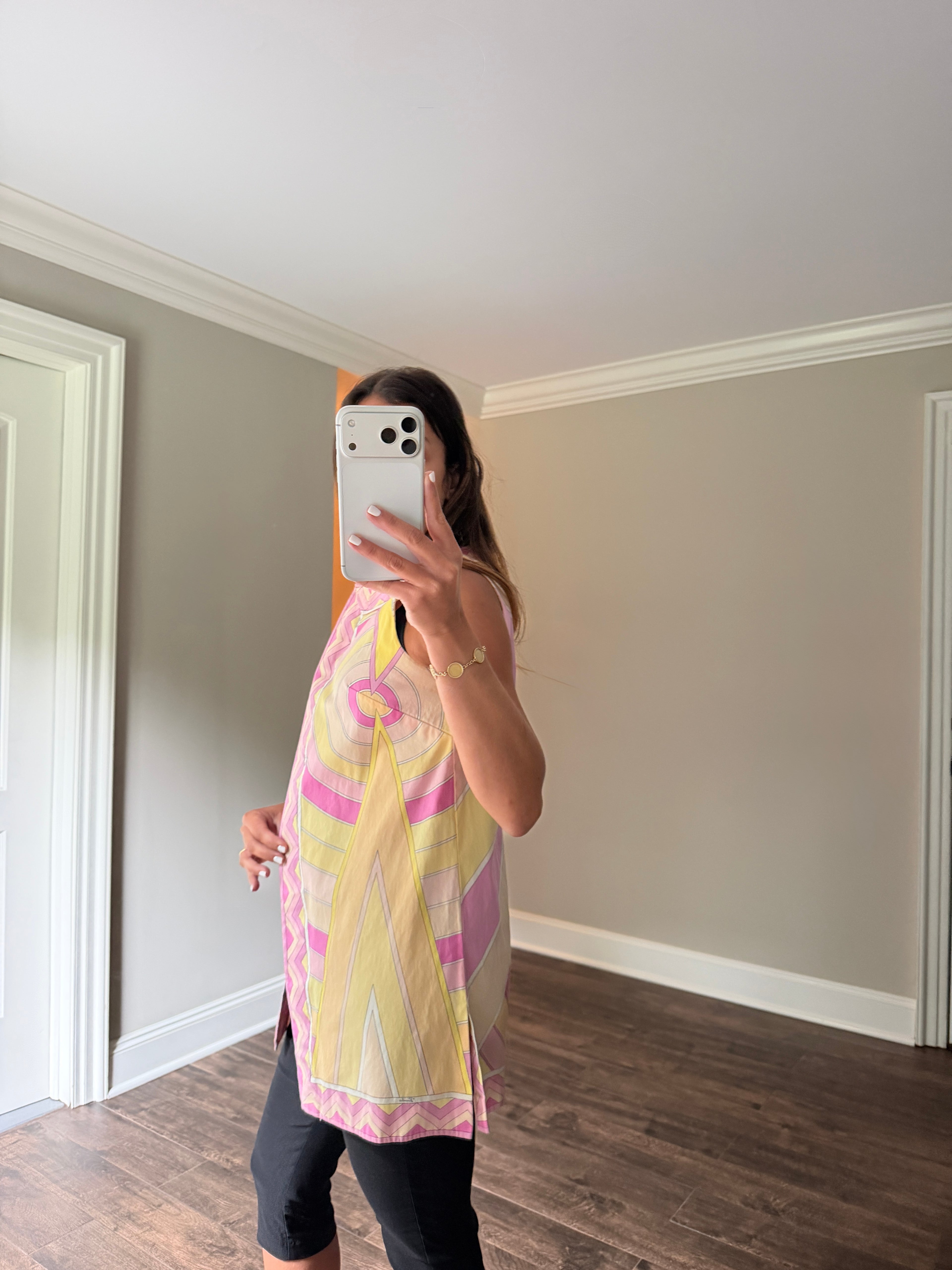 Emilio Pucci Cotton Poplin Sleeveless Tunic Top Pink Yellow Geometric Print Saks Fifth Avenue