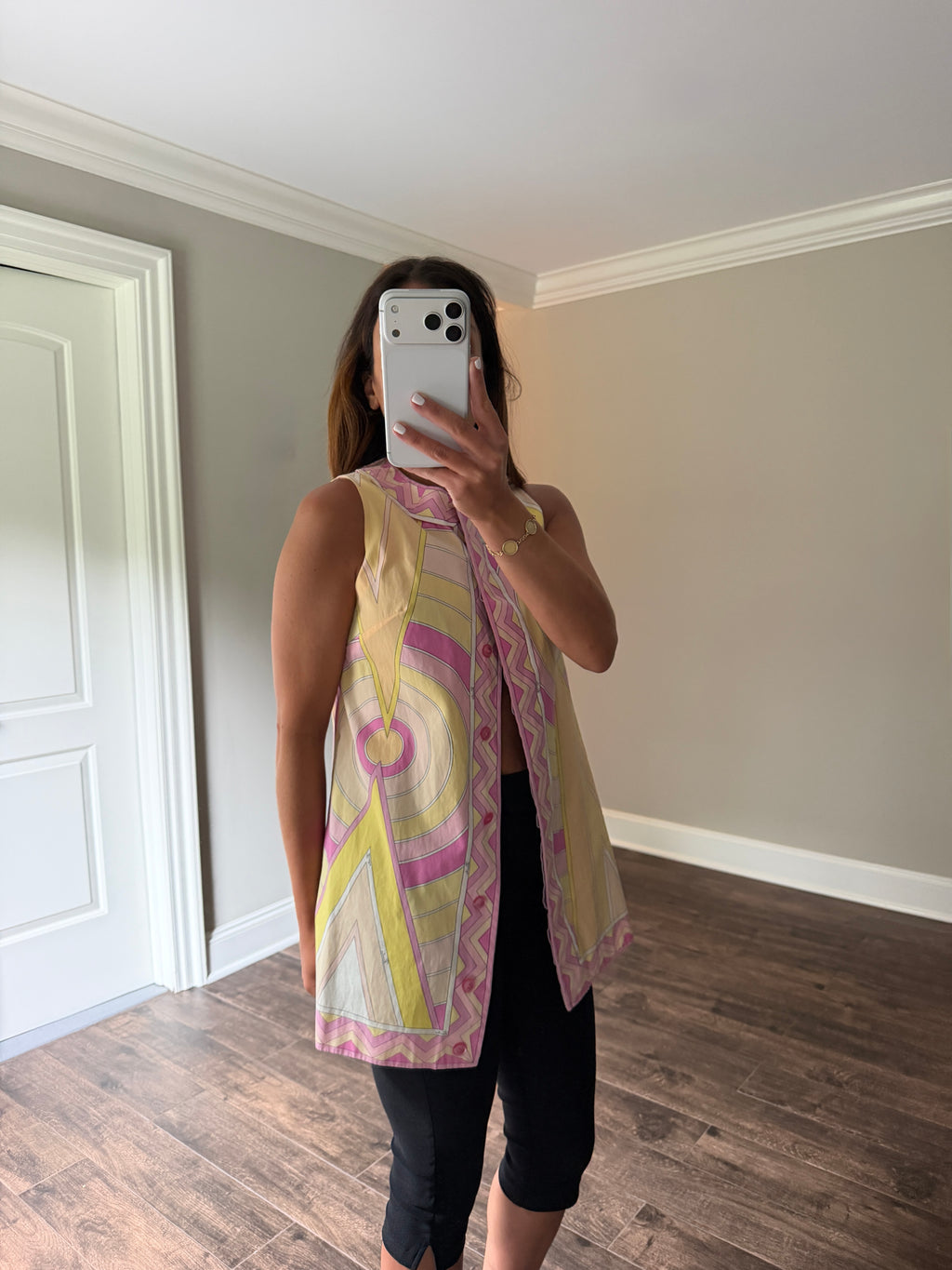Emilio Pucci Cotton Poplin Sleeveless Tunic Top Pink Yellow Geometric Print Saks Fifth Avenue