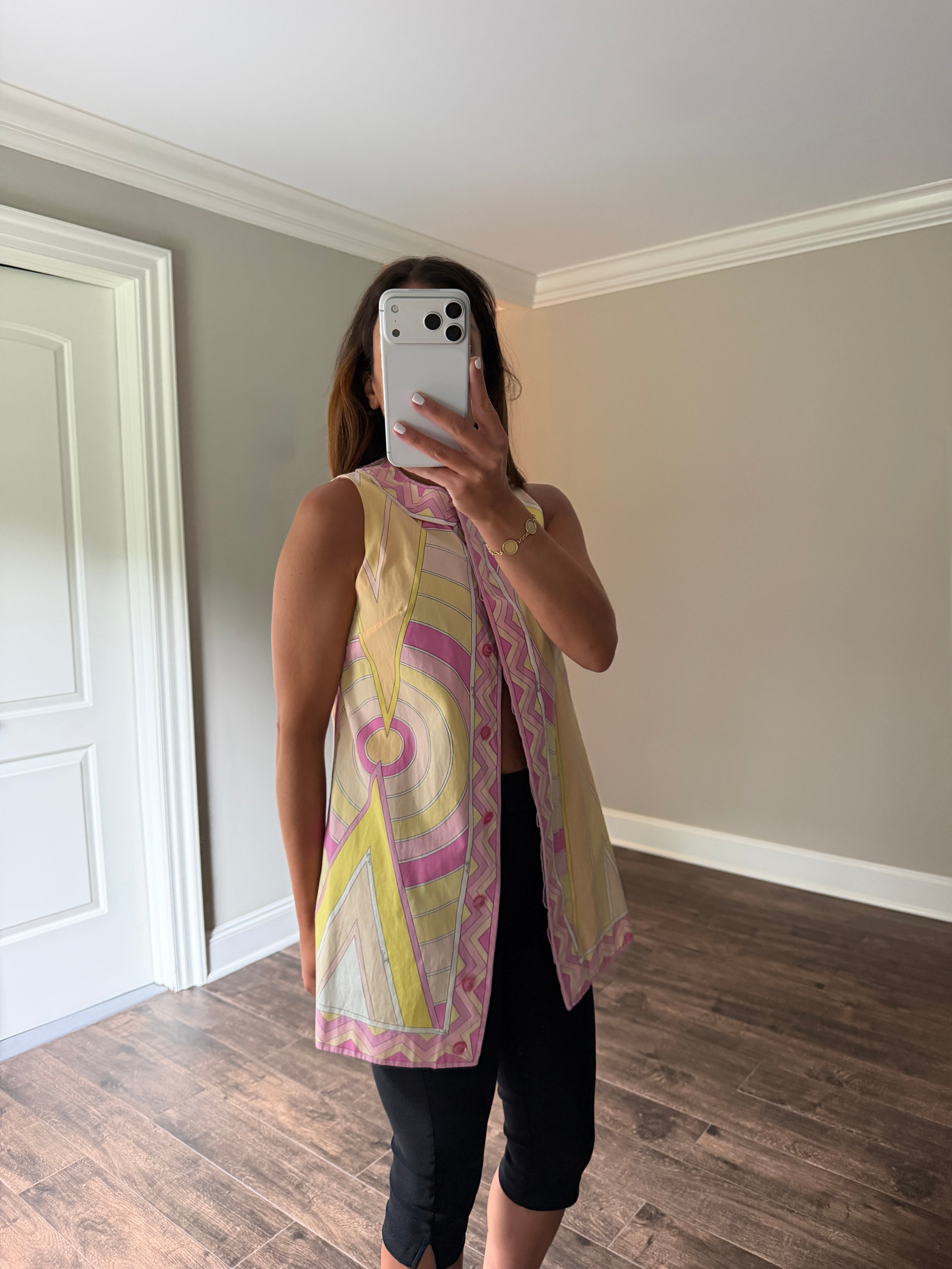 Emilio Pucci Cotton Poplin Sleeveless Tunic Top Pink Yellow Geometric Print Saks Fifth Avenue