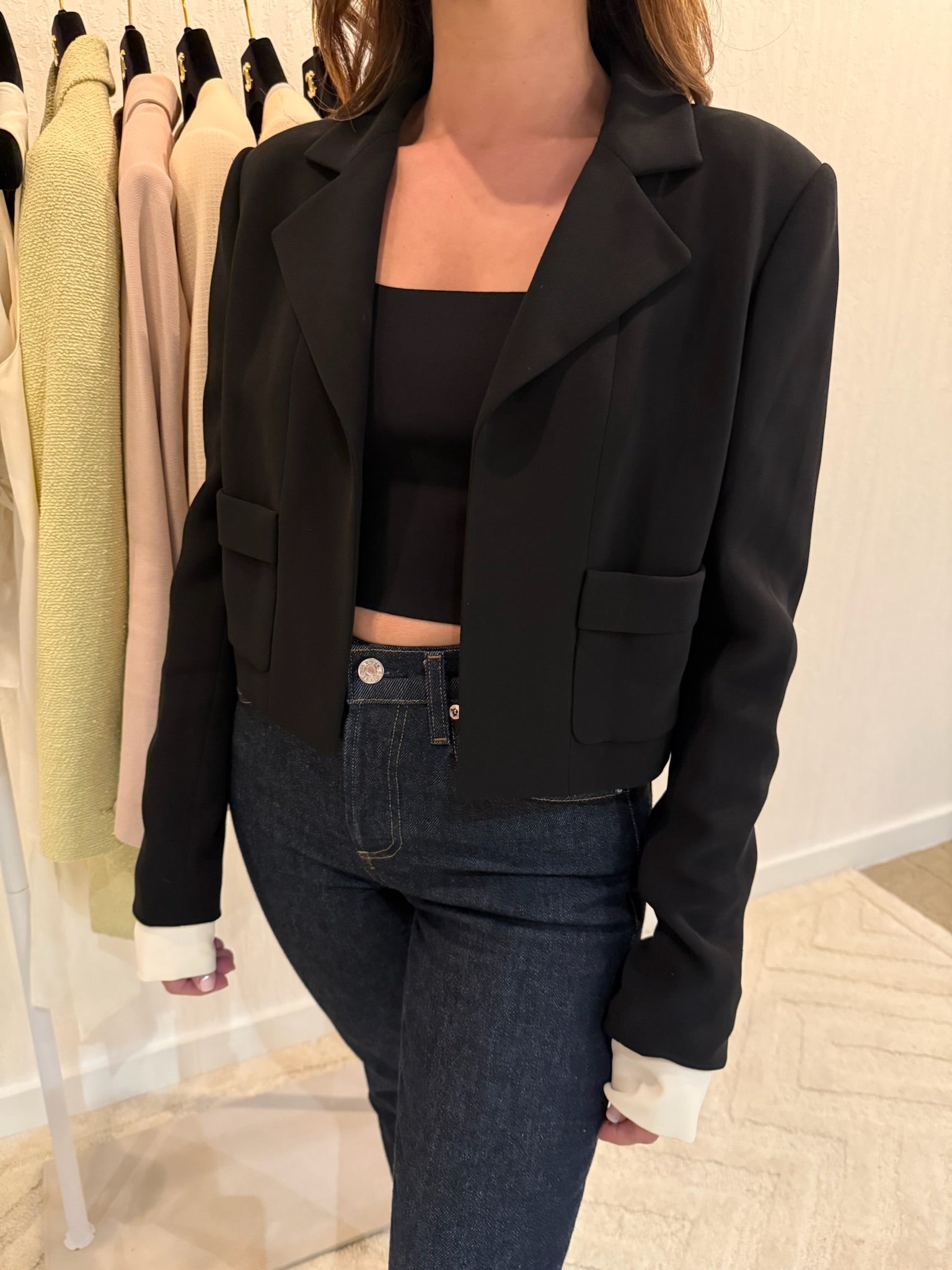 Chanel 2015 Silk Black Runway Blazer with Removable White Sleeves | FR40