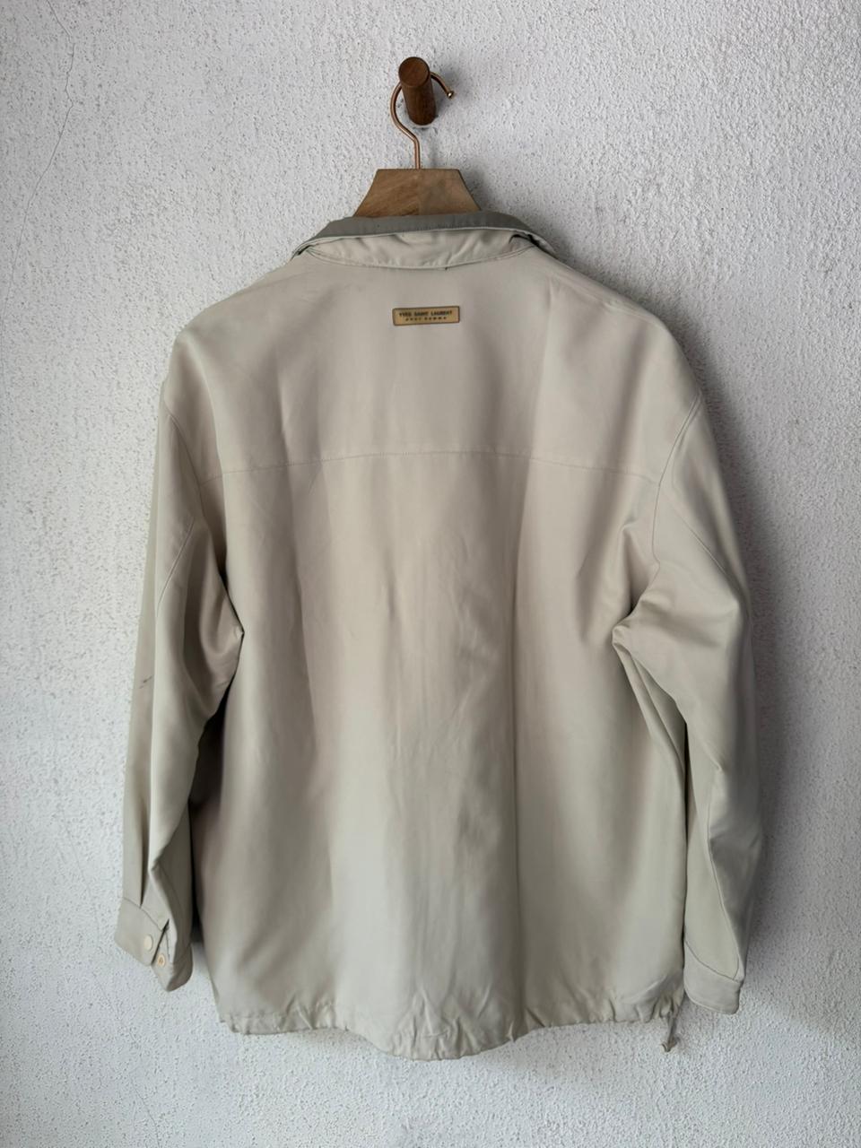 Yves Saint Laurent YSL Logo Harrington Jacket Cream Stone Gray Collar Windbreaker