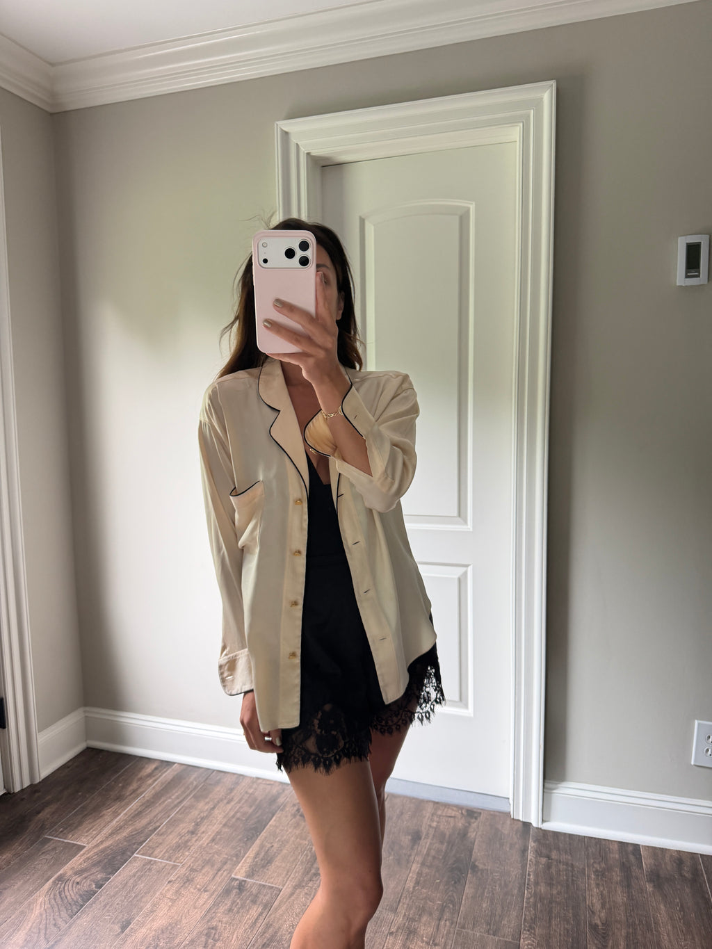 Chanel Silk Blouse Gold Logo Button Top