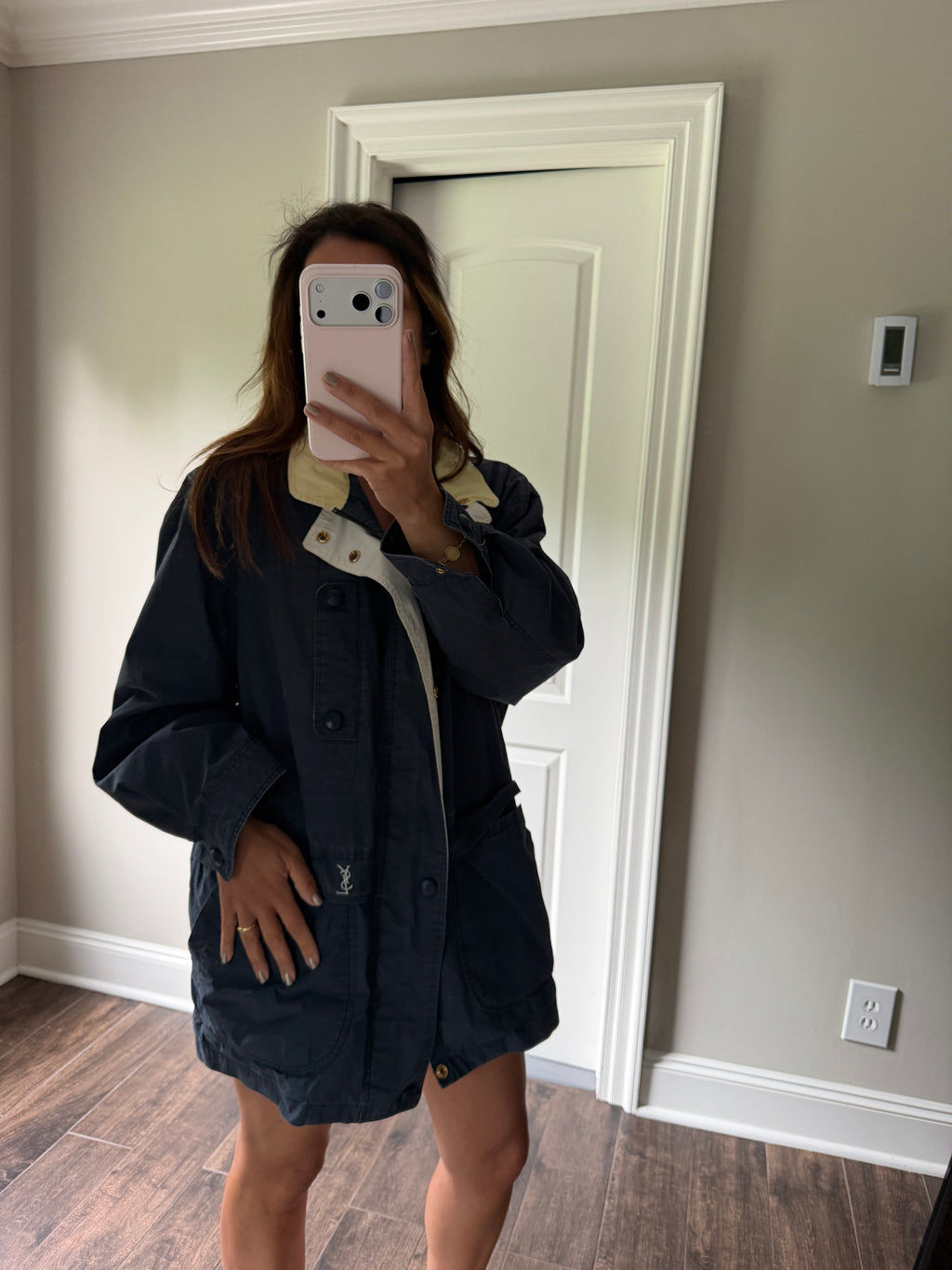 Yves Saint Laurent Vintage 90s Chino Blue YSL Logo Utility Windbreaker Jacket Gold Hardware Size 100 Oversized