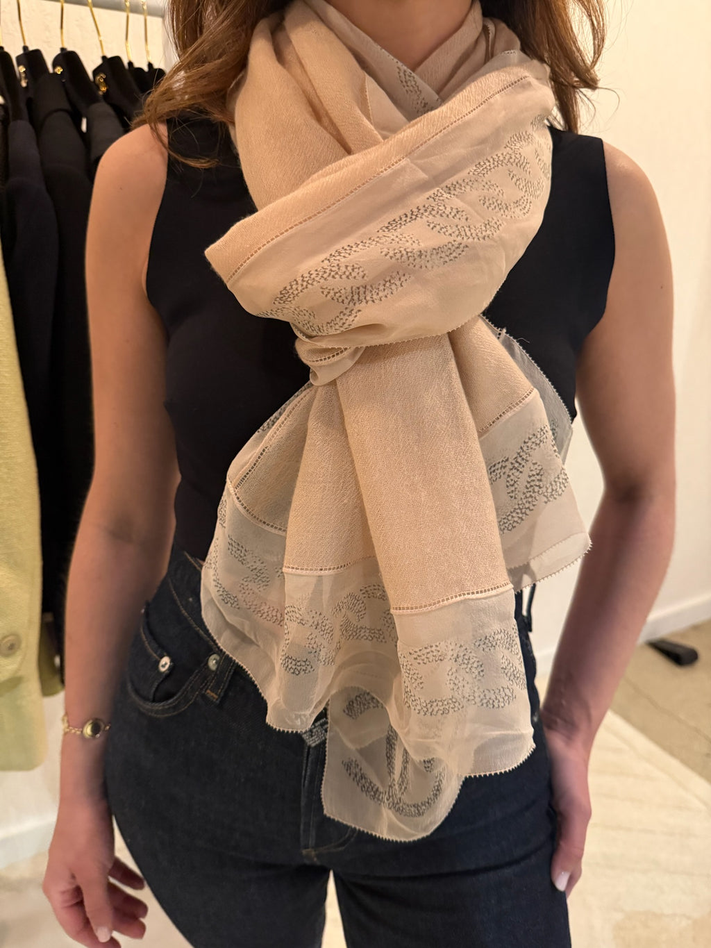 Chanel Cashmere CC Logo Scarf Pink Silver Metallic Lightweight Wrap