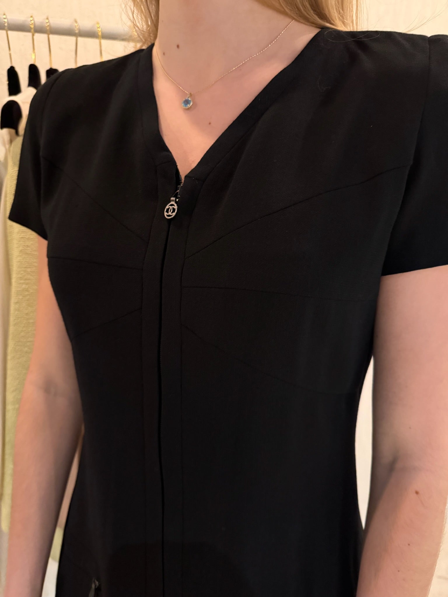 Chanel Black Wool Silk Blend Midi Dress FR 40 | CC Logo Zipper Pull