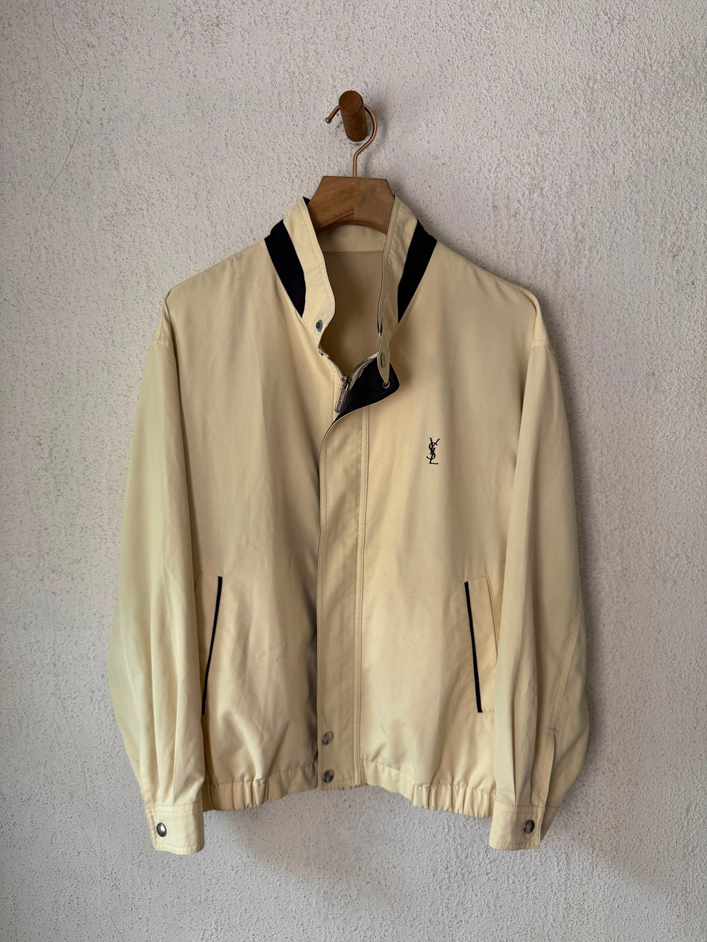 Yves Saint Laurent Vintage Butter Yellow Navy YSL Logo Bomber Windbreaker Jacket size 95